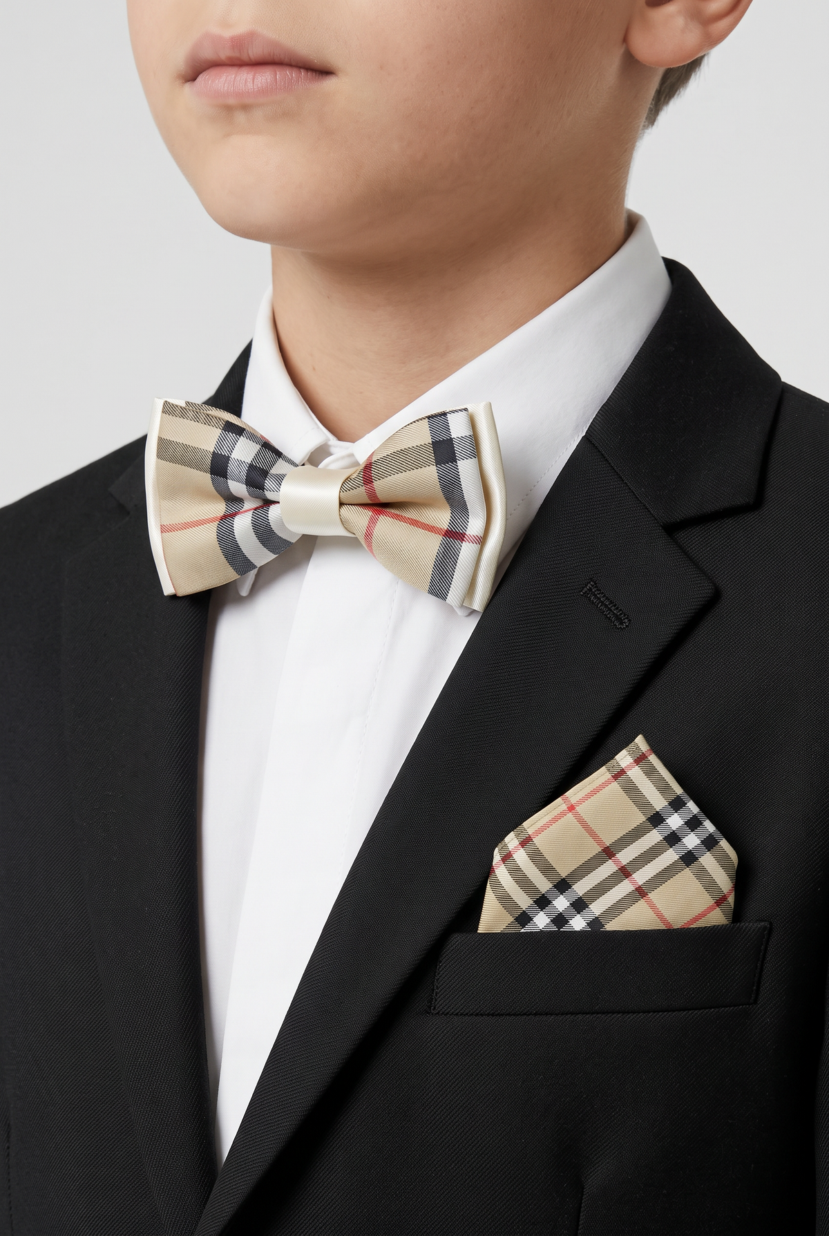 Pajarita a cuadros para niños estilo Burberry con correa - Beige - Blanco