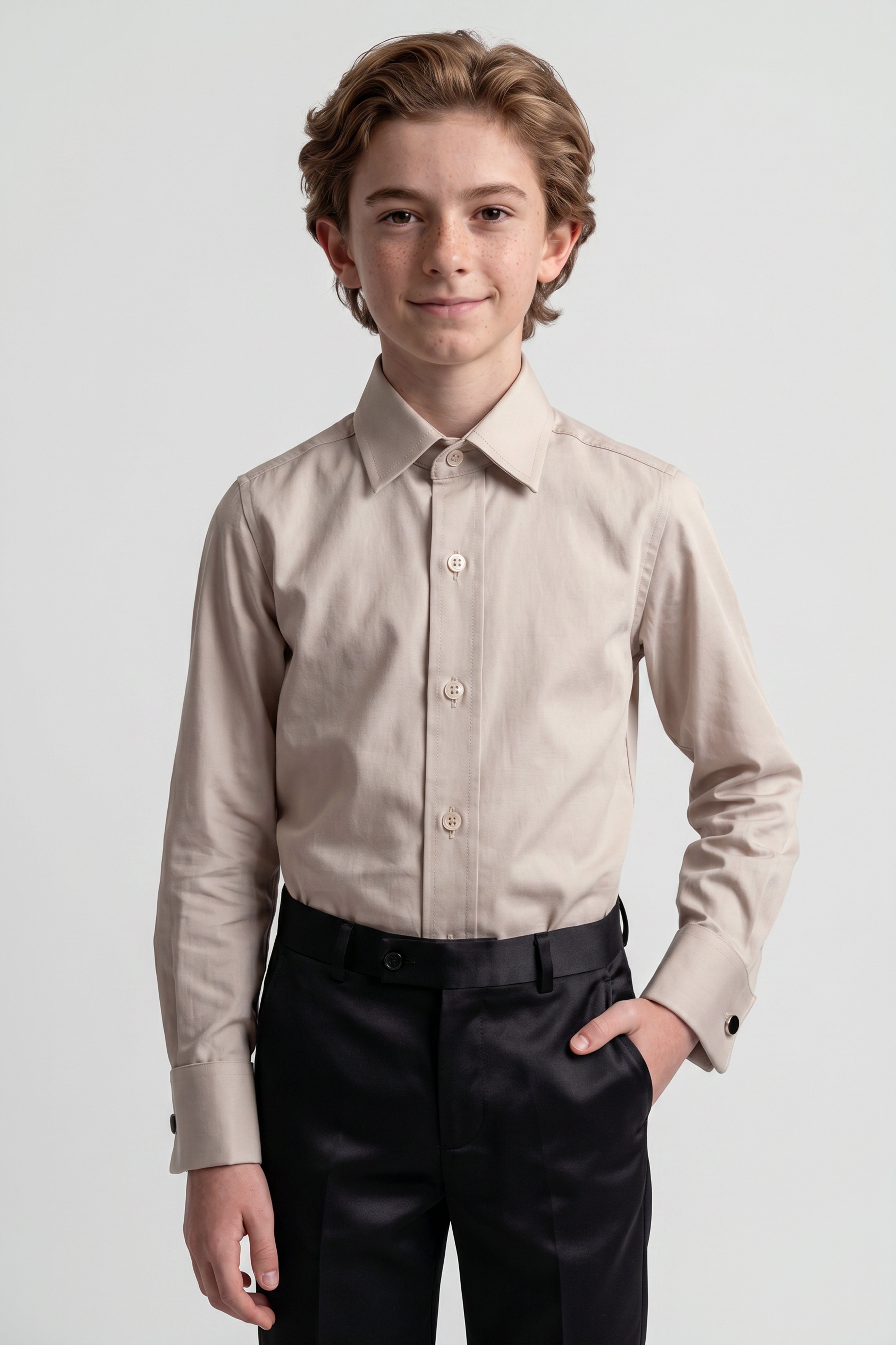 Boys Classic Collar Dress Shirt with Cufflinks - Beige Model Front Picture