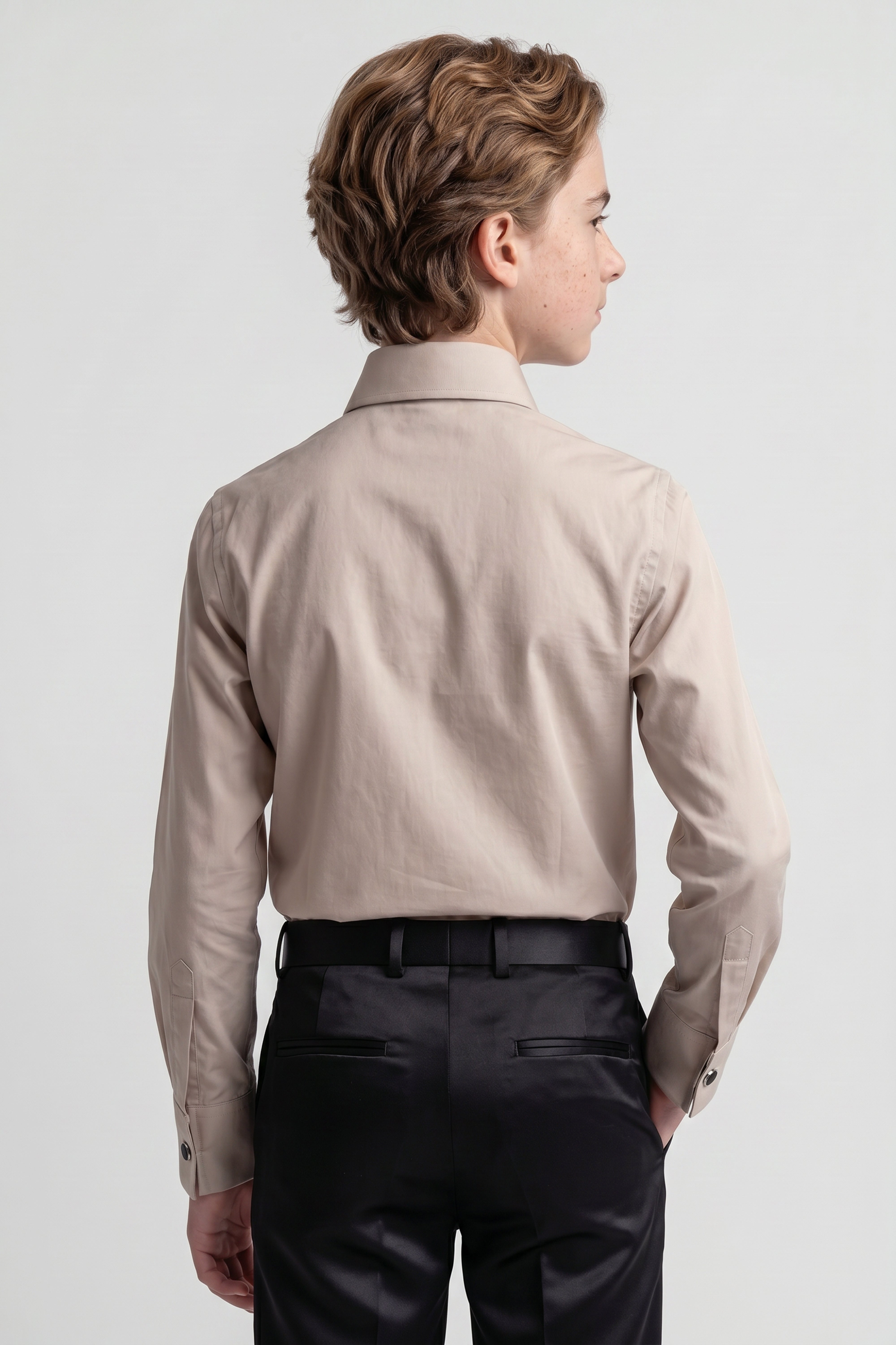 Boys Classic Collar Dress Shirt with Cufflinks - Beige Model Back Picture