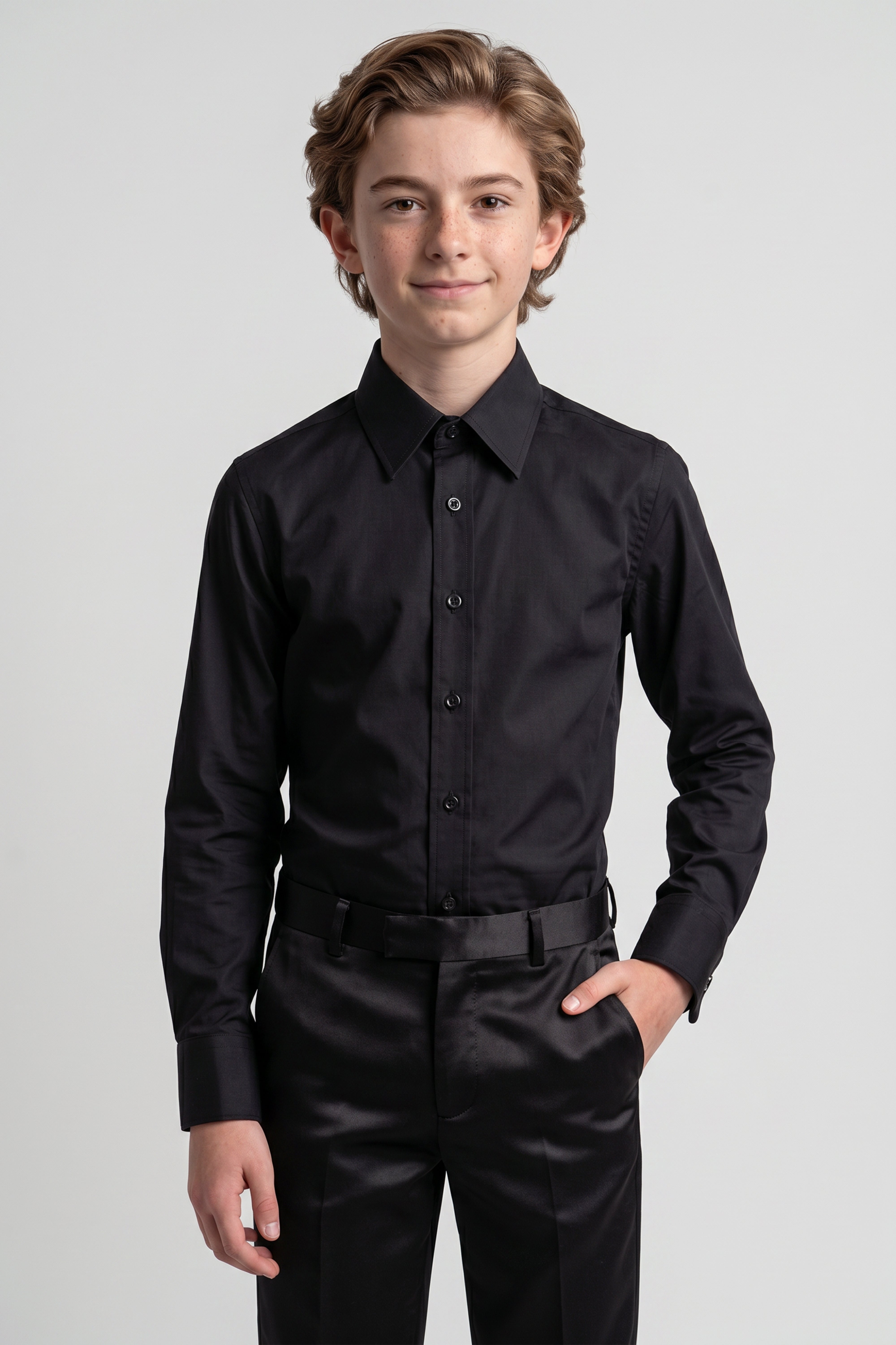 Boys Classic Collar Dress Shirt with Cufflinks - Black Model Front Picture