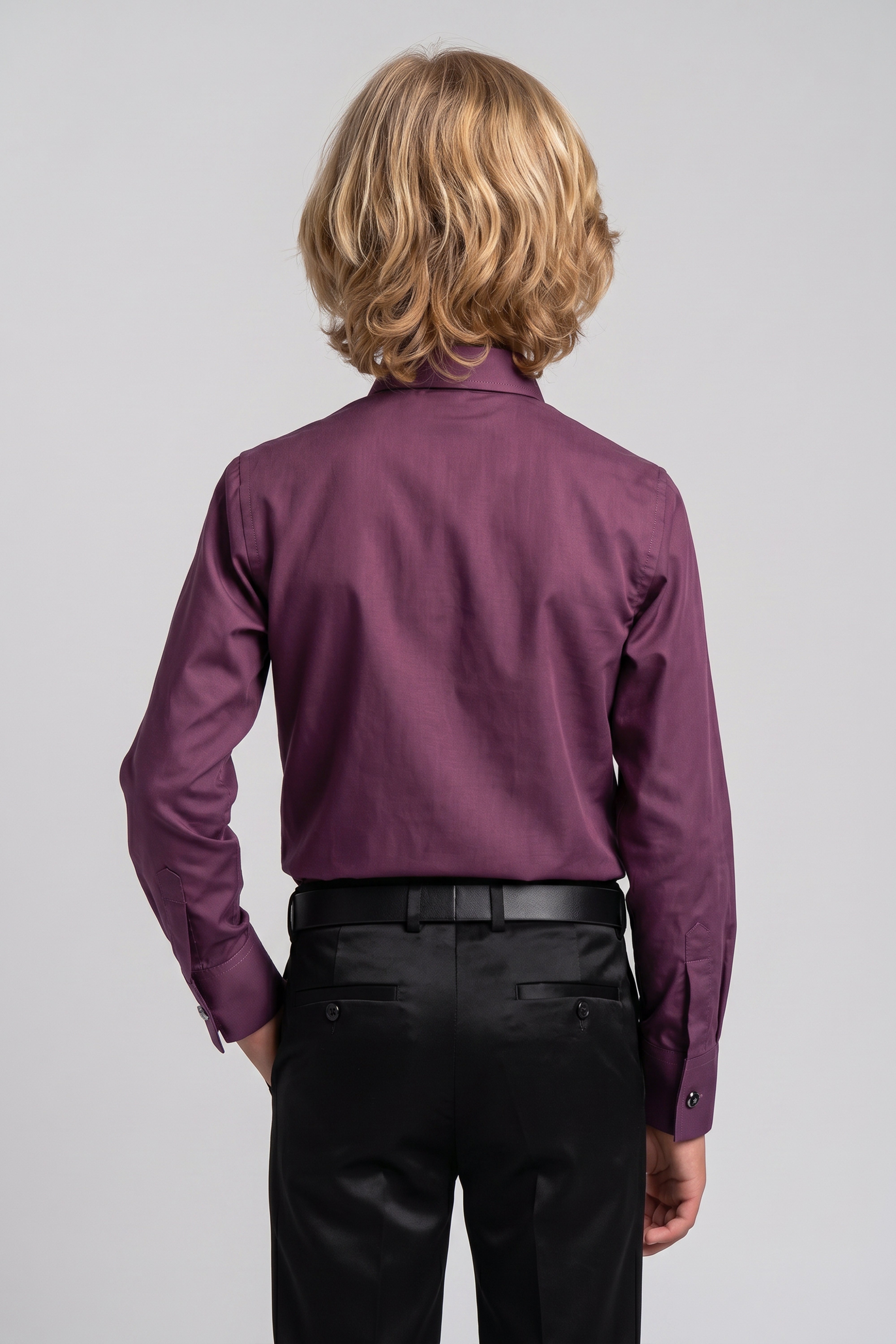 Boys Classic Collar Dress Shirt with Cufflinks - Burgundy Model Back Picture