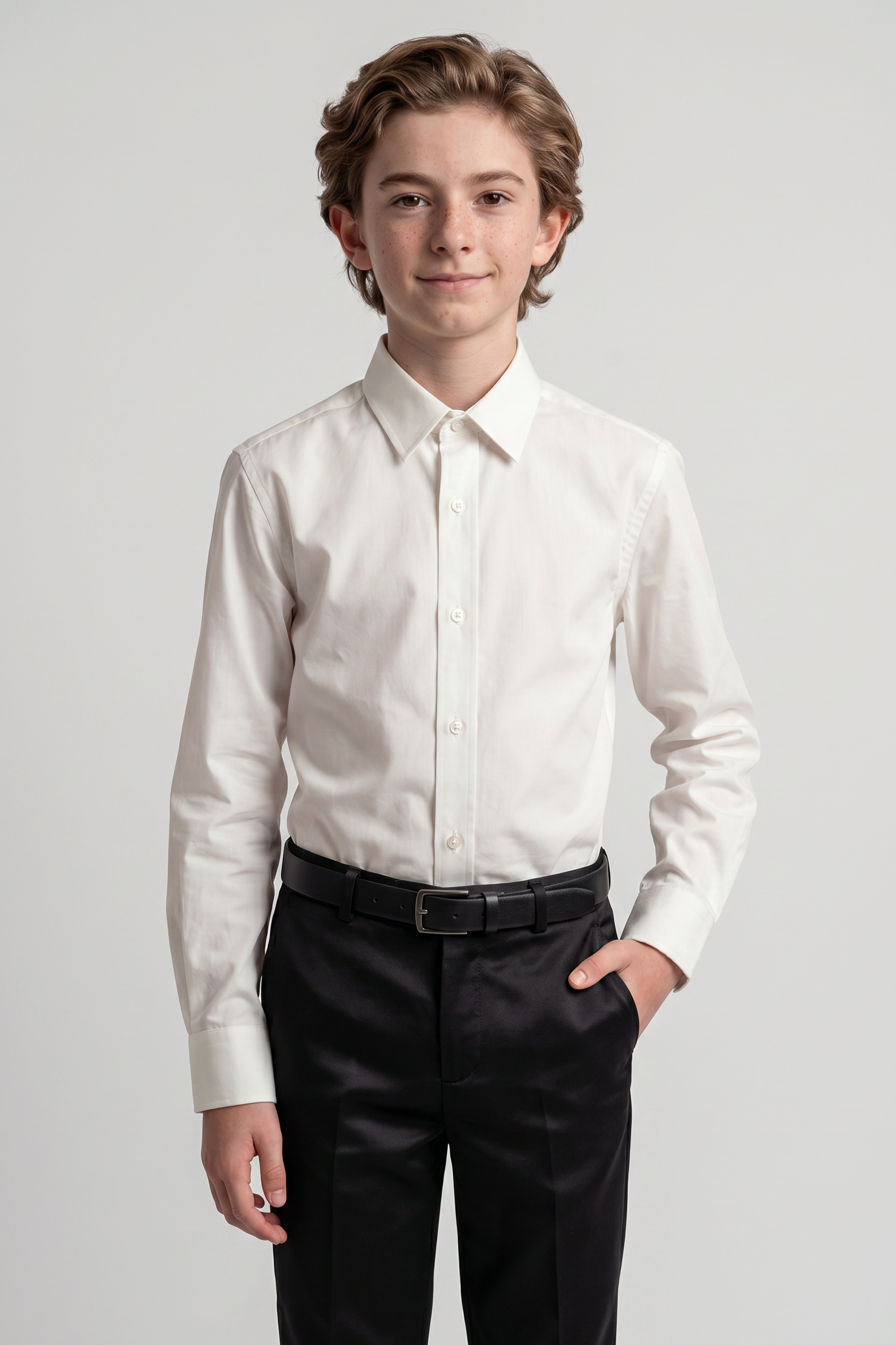 Boys Classic Collar Dress Shirt with Cufflinks - Ivory Model Front Picture