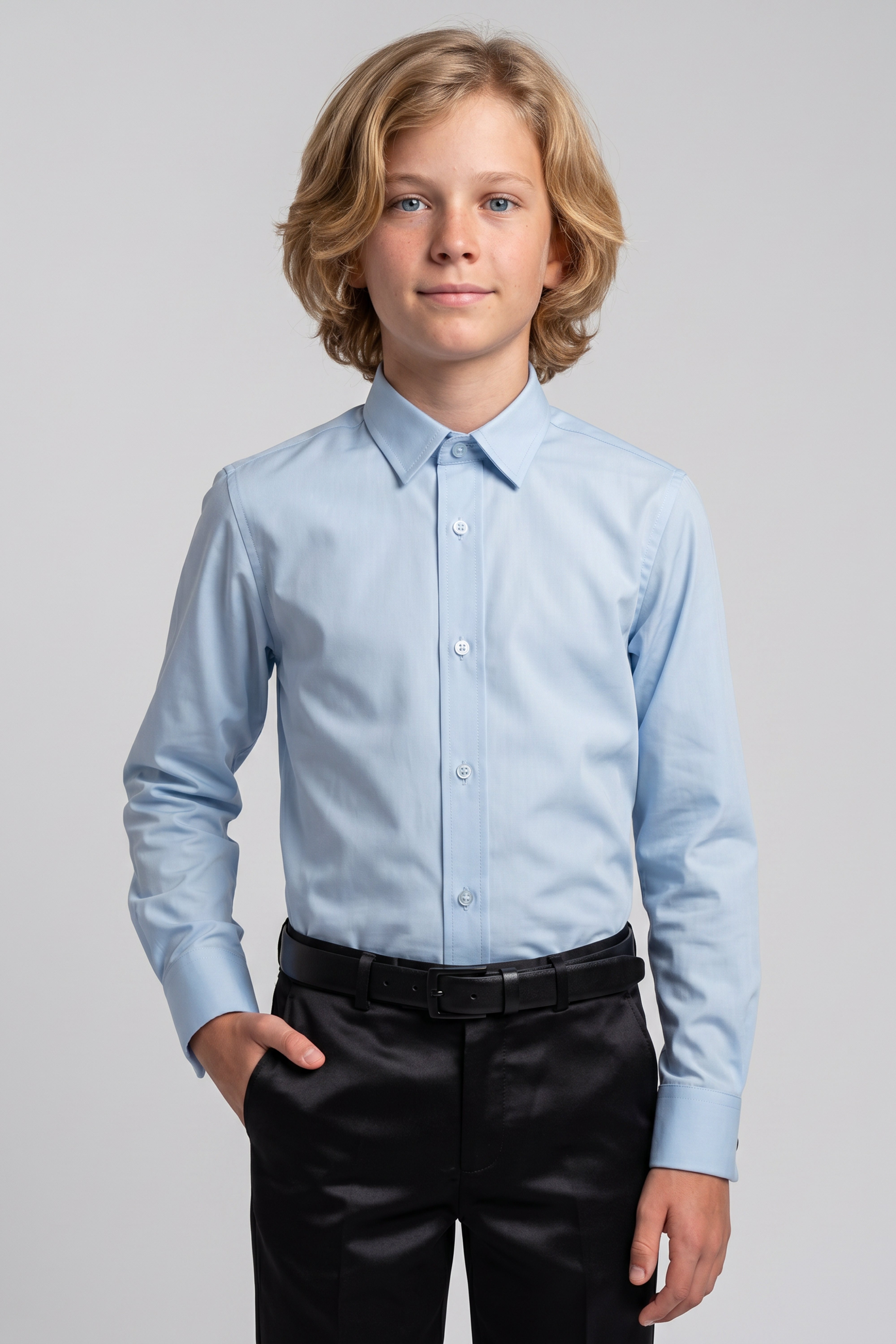 Boys Classic Collar Dress Shirt with Cufflinks - Oxford Blue Model Front Picture