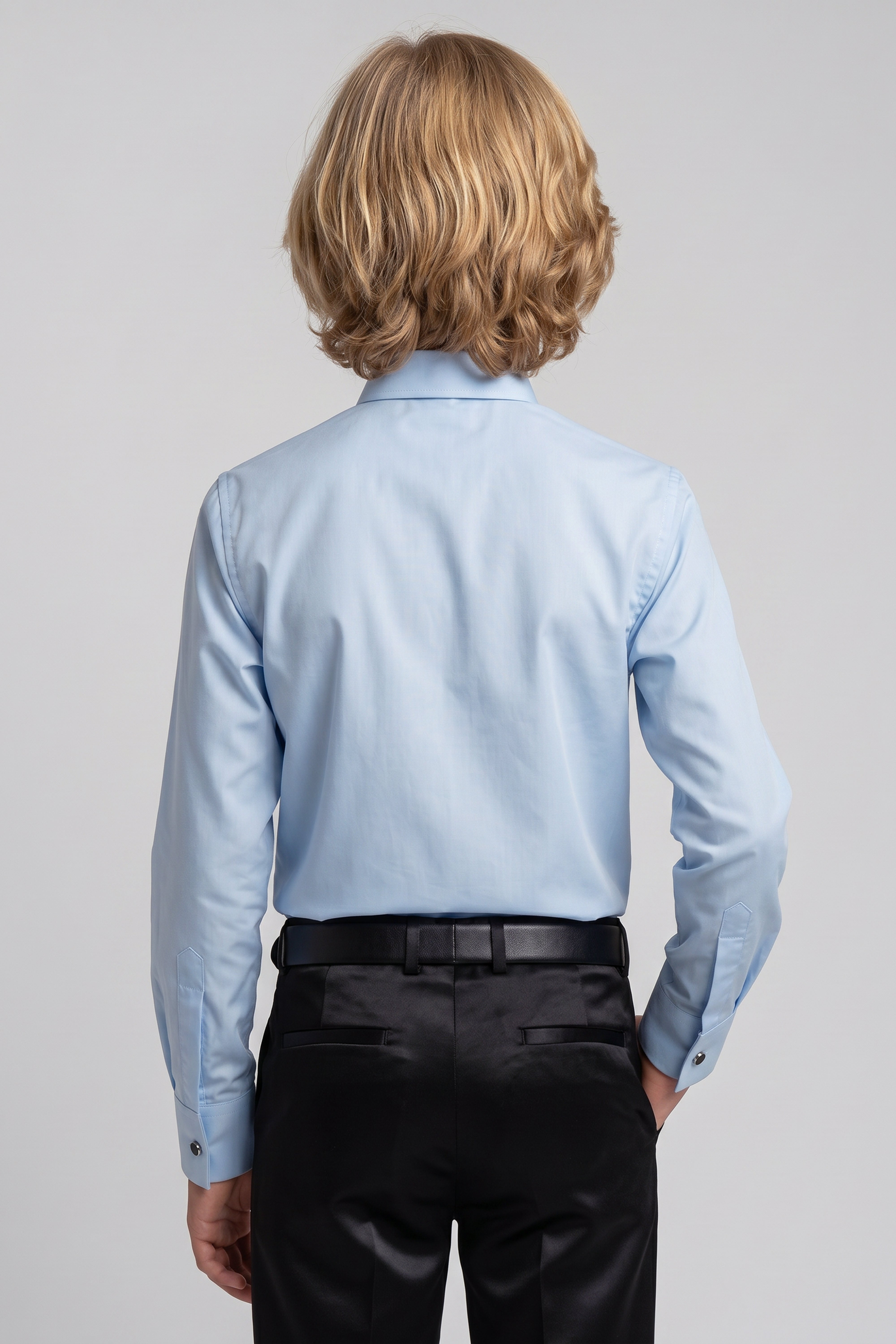 Boys Classic Collar Dress Shirt with Cufflinks - Oxford Blue Model Back Picture