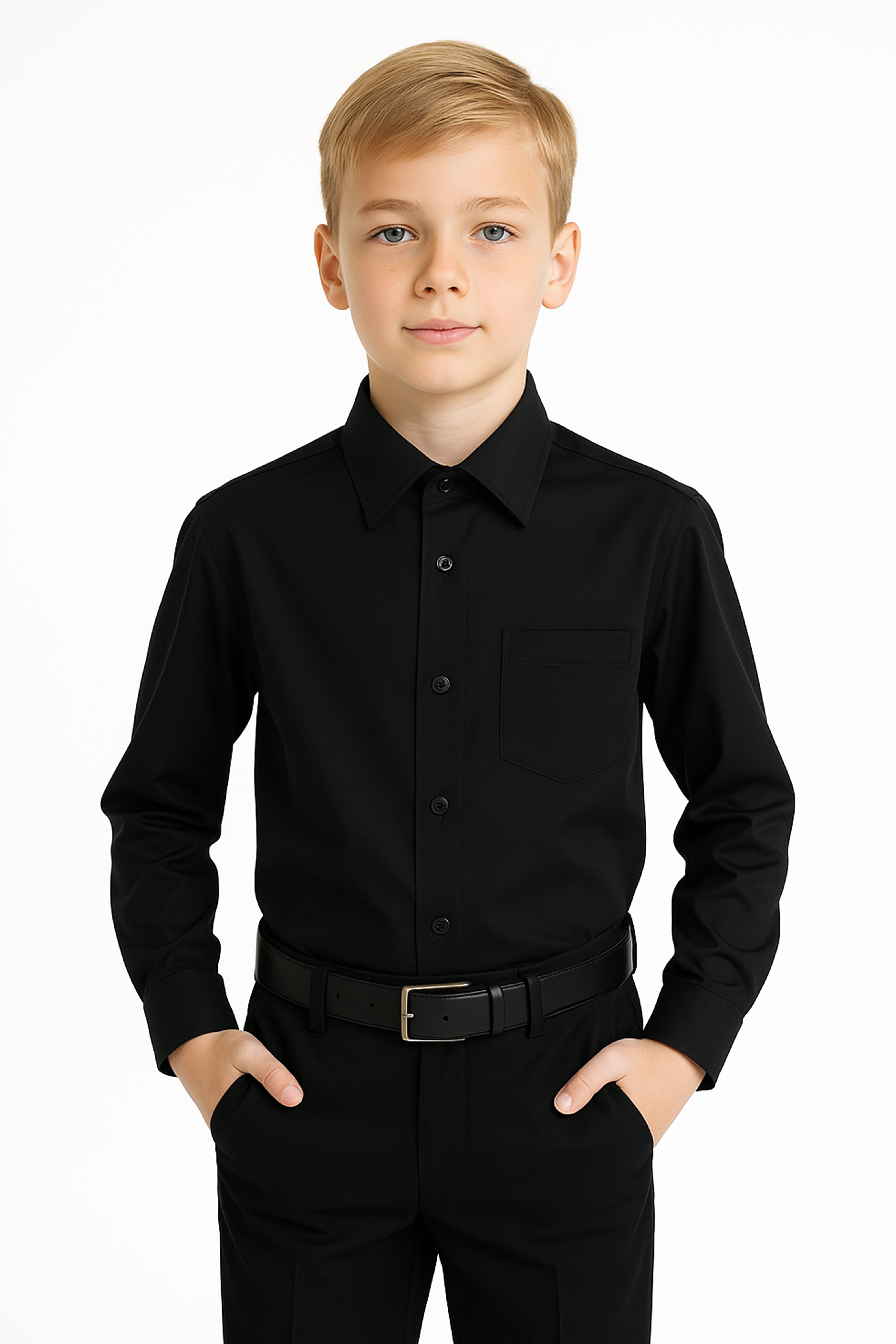 Boys Classic Collar Long Sleeve Shirt - Black Front Picture