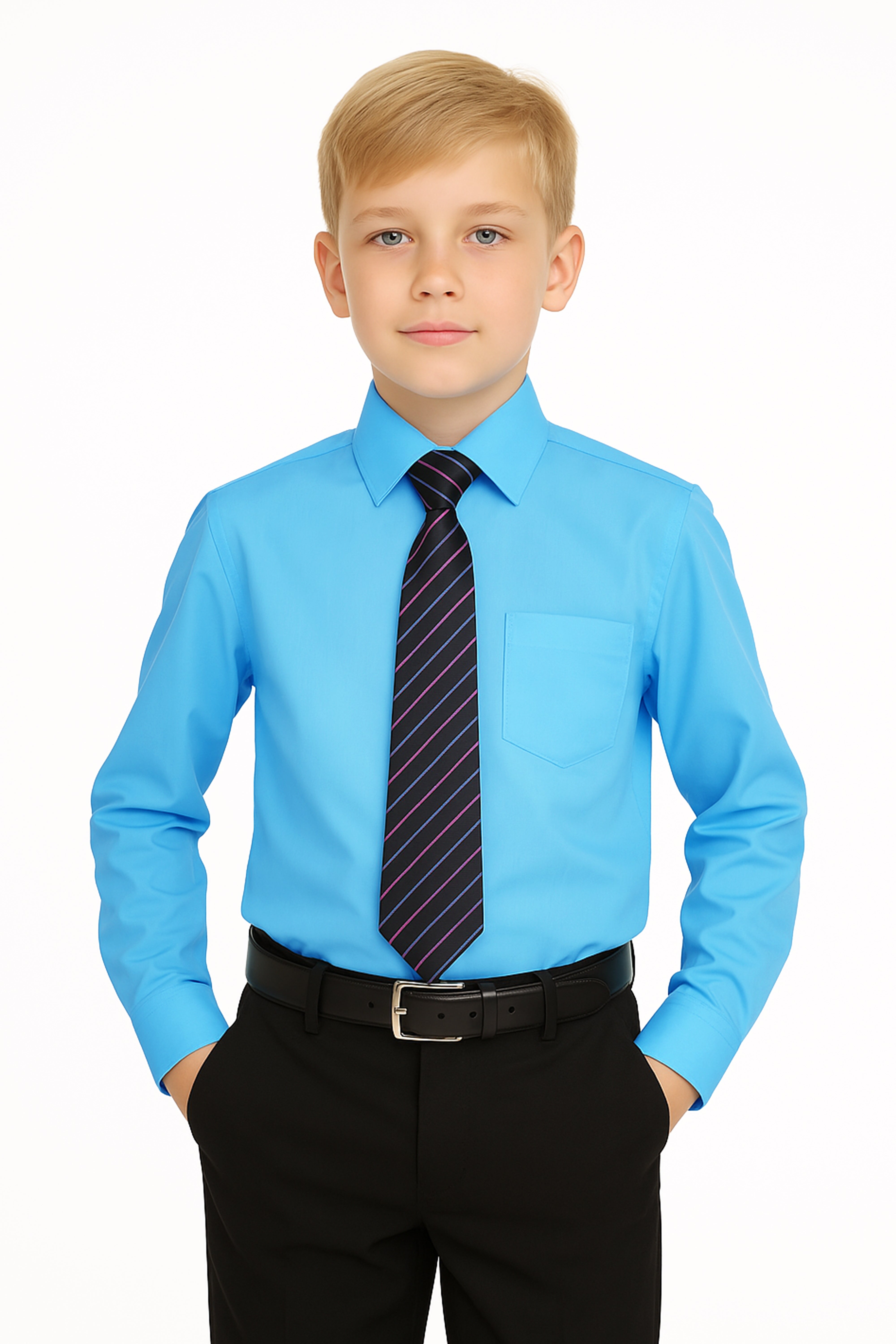 Boys Classic Collar Shirt & Tie Set - Aqua Blue Front Picture