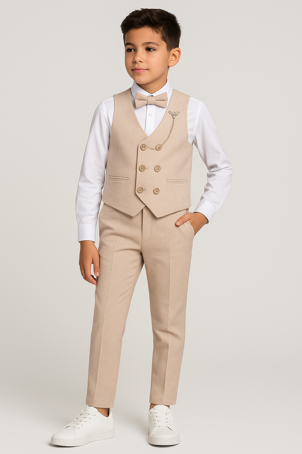 Boys Cotton 5-Piece Double Breasted Waistcoat Suit - BASAK - Beige Front Picture