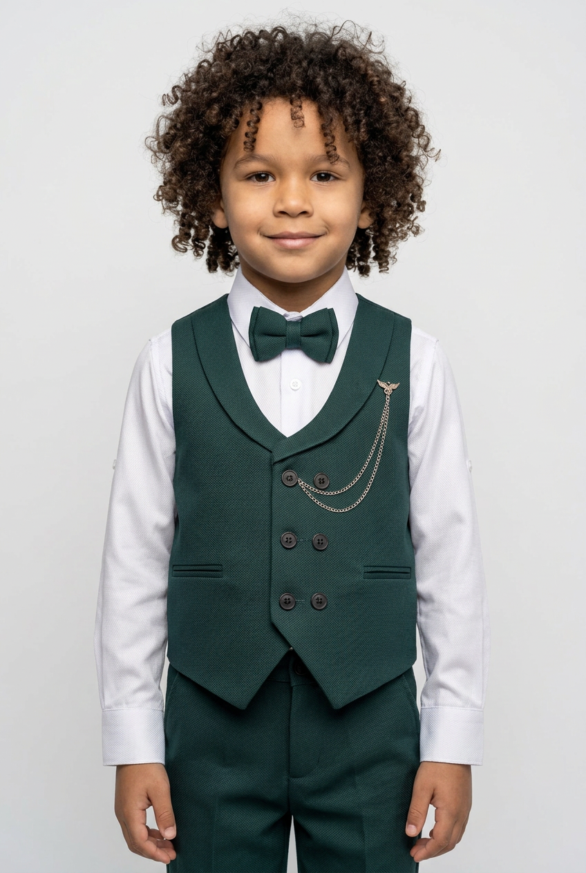 Jungen Baumwolle 5-teiliges Doppelreihiges Weste-Anzug-Set - Dunkel Grün