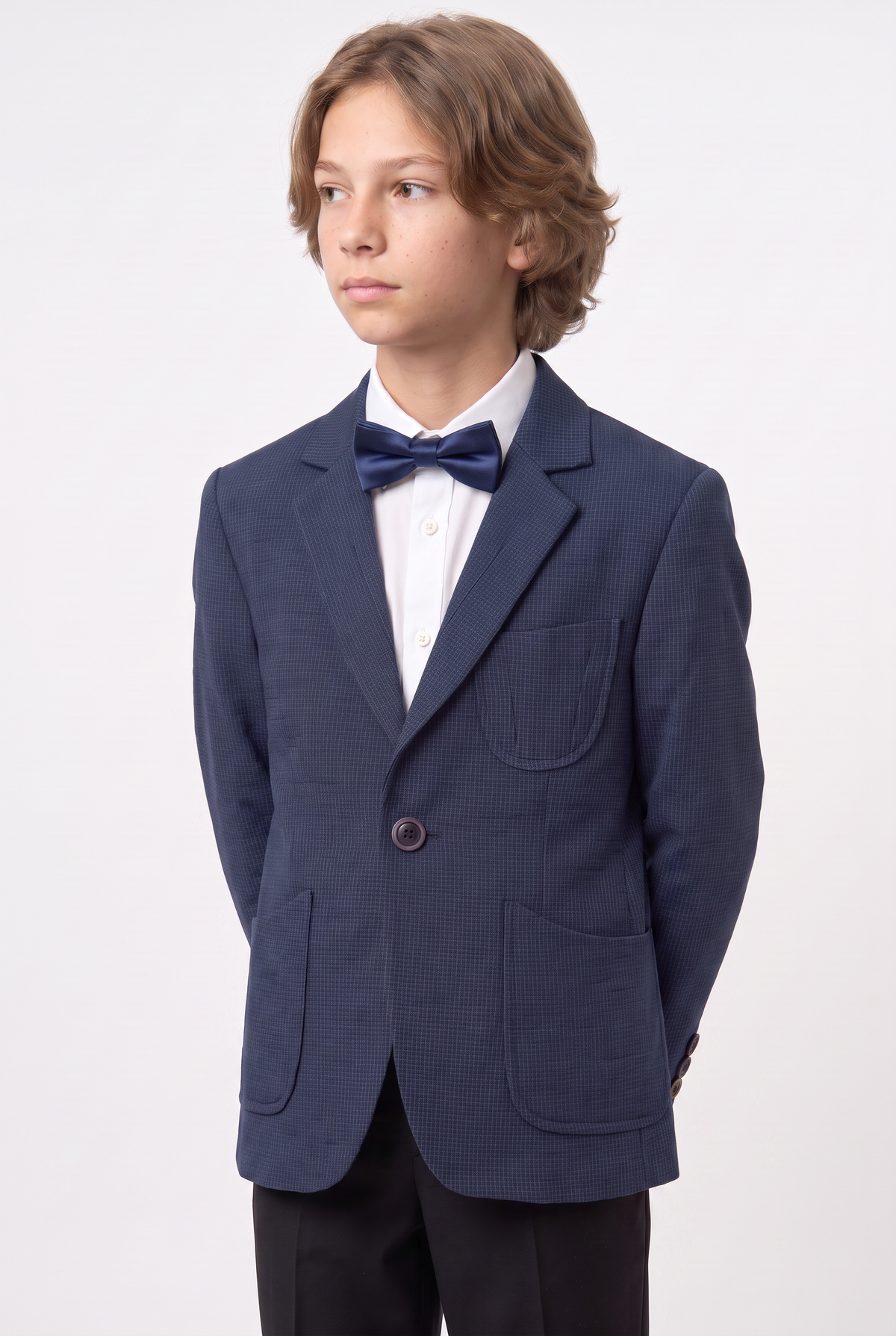 Blazer formal de sarga ajustado para niños, mezcla de algodón - Azul marino