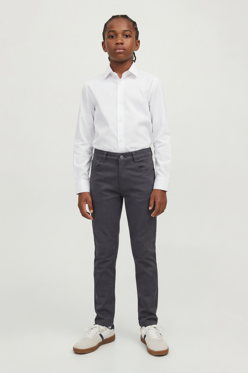 Boys Cotton Casual Stretch Chino Trousers – Charcoal Grey Model Front Picture
