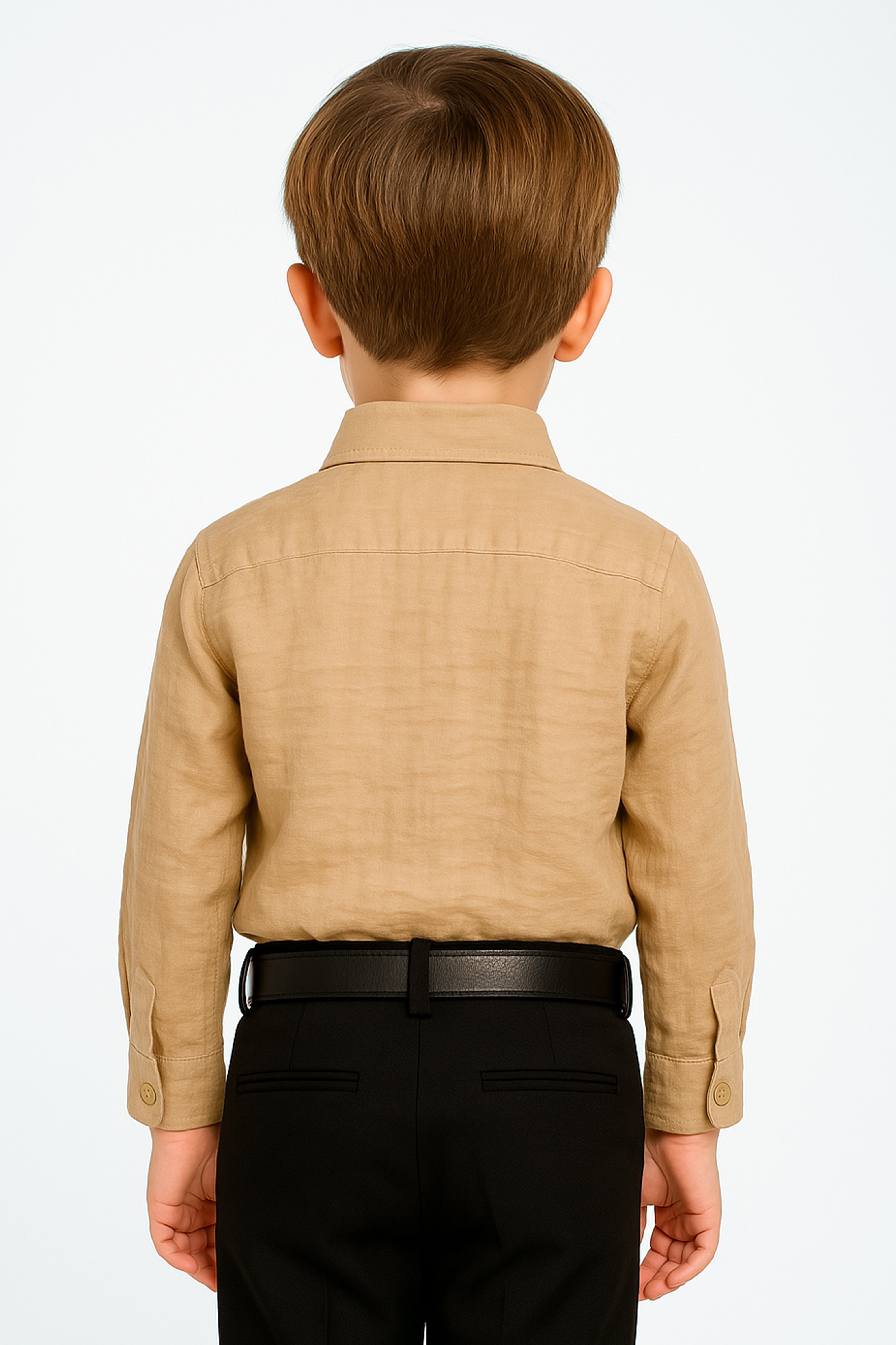 Boys Cotton Linen Classic Collar Shirt - Tan Beige Back Picture