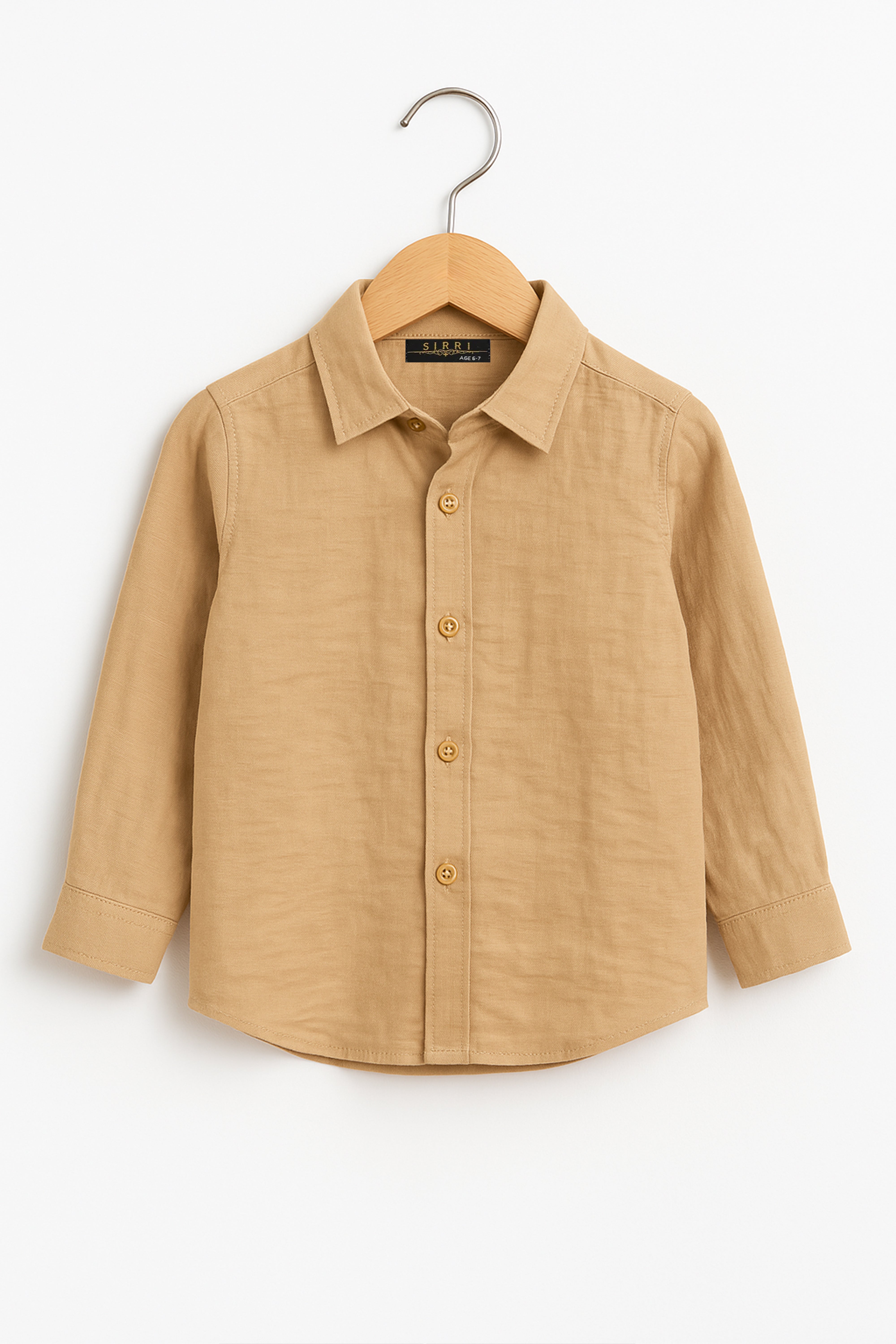 Boys Cotton Linen Classic Collar Shirt - Tan Beige