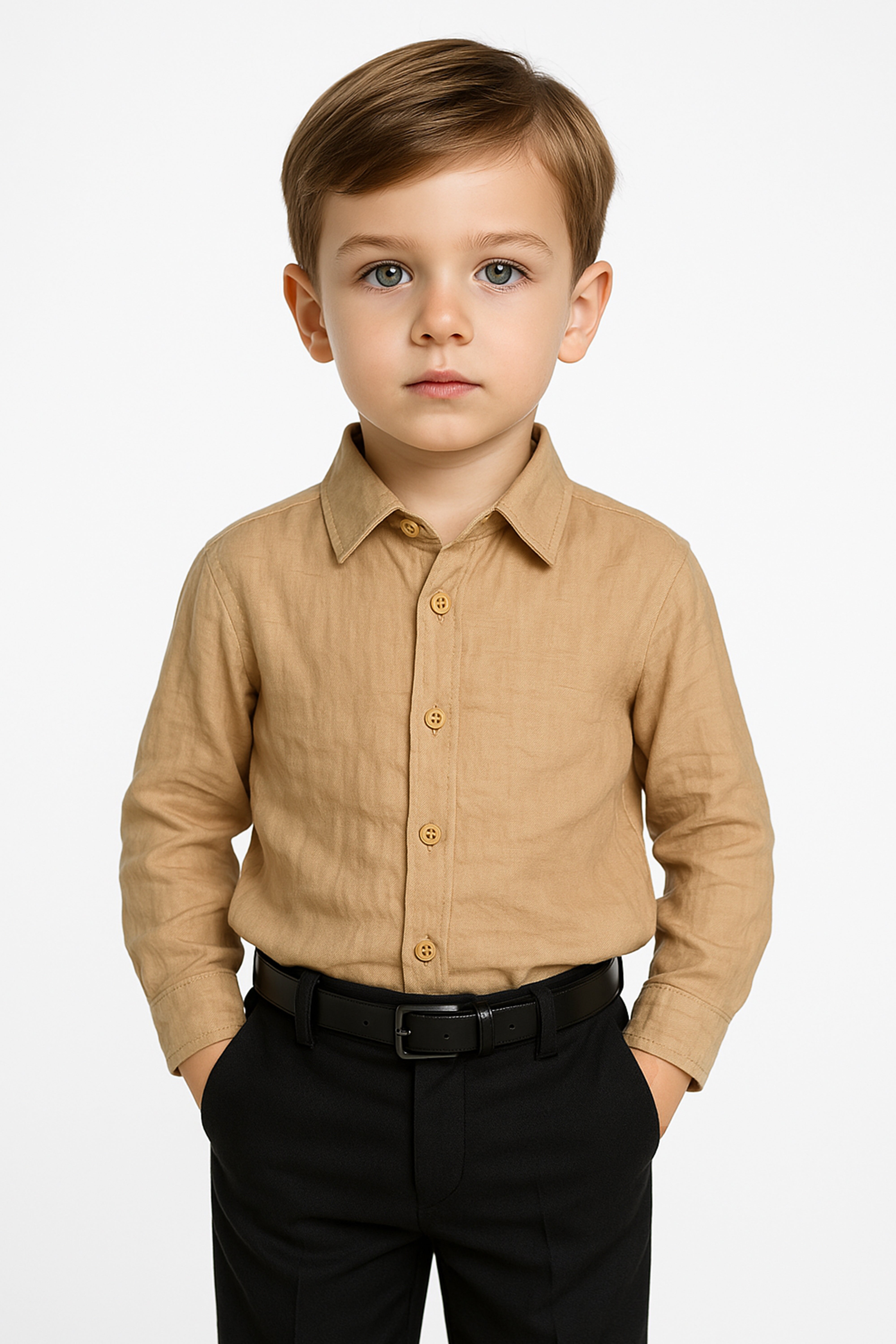 Boys Cotton Linen Classic Collar Shirt - Tan Beige Front Picture
