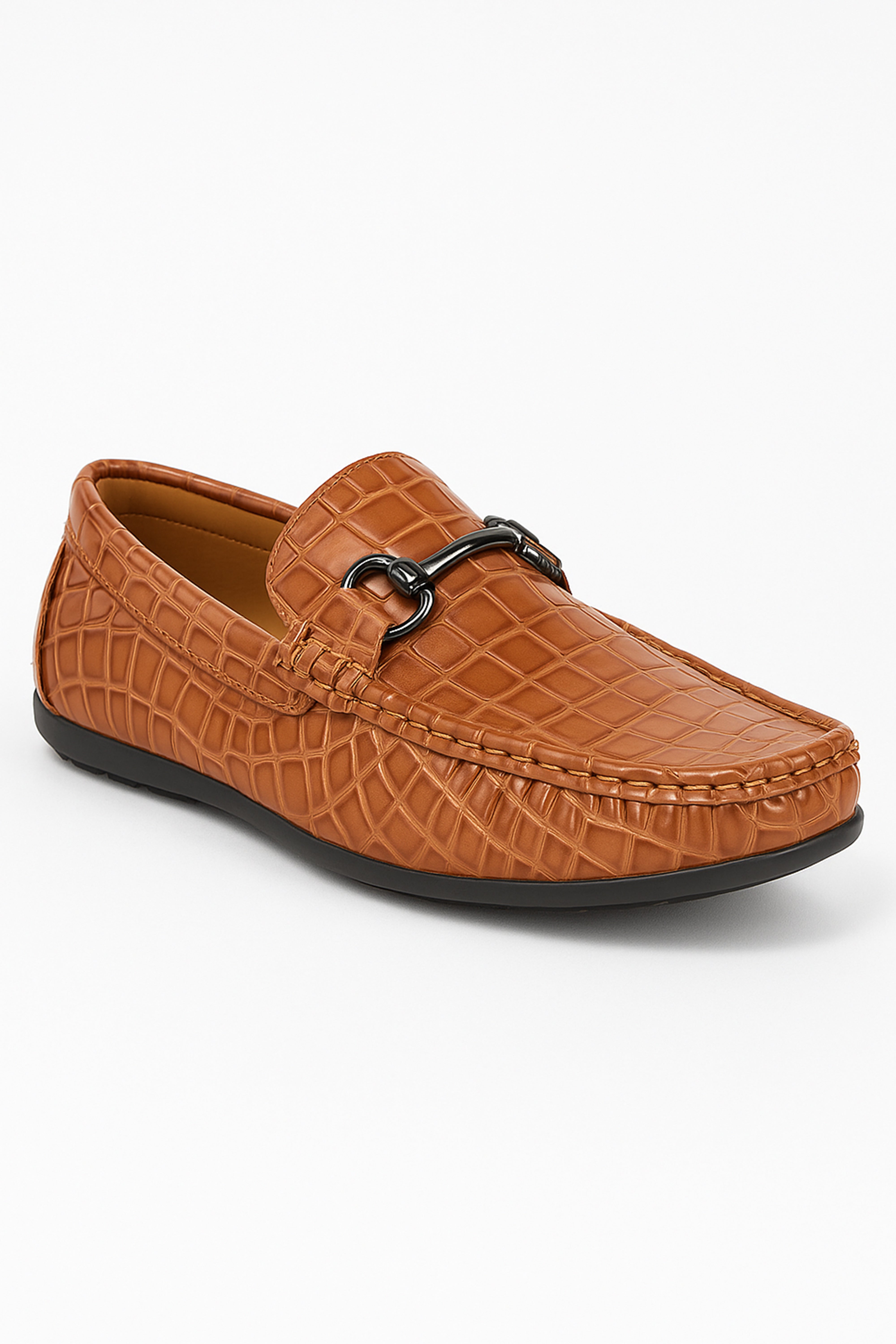 Boys Crocodile Slip on Patent Loafer Mocassin - ROBIN - Tan Brown Side Picture