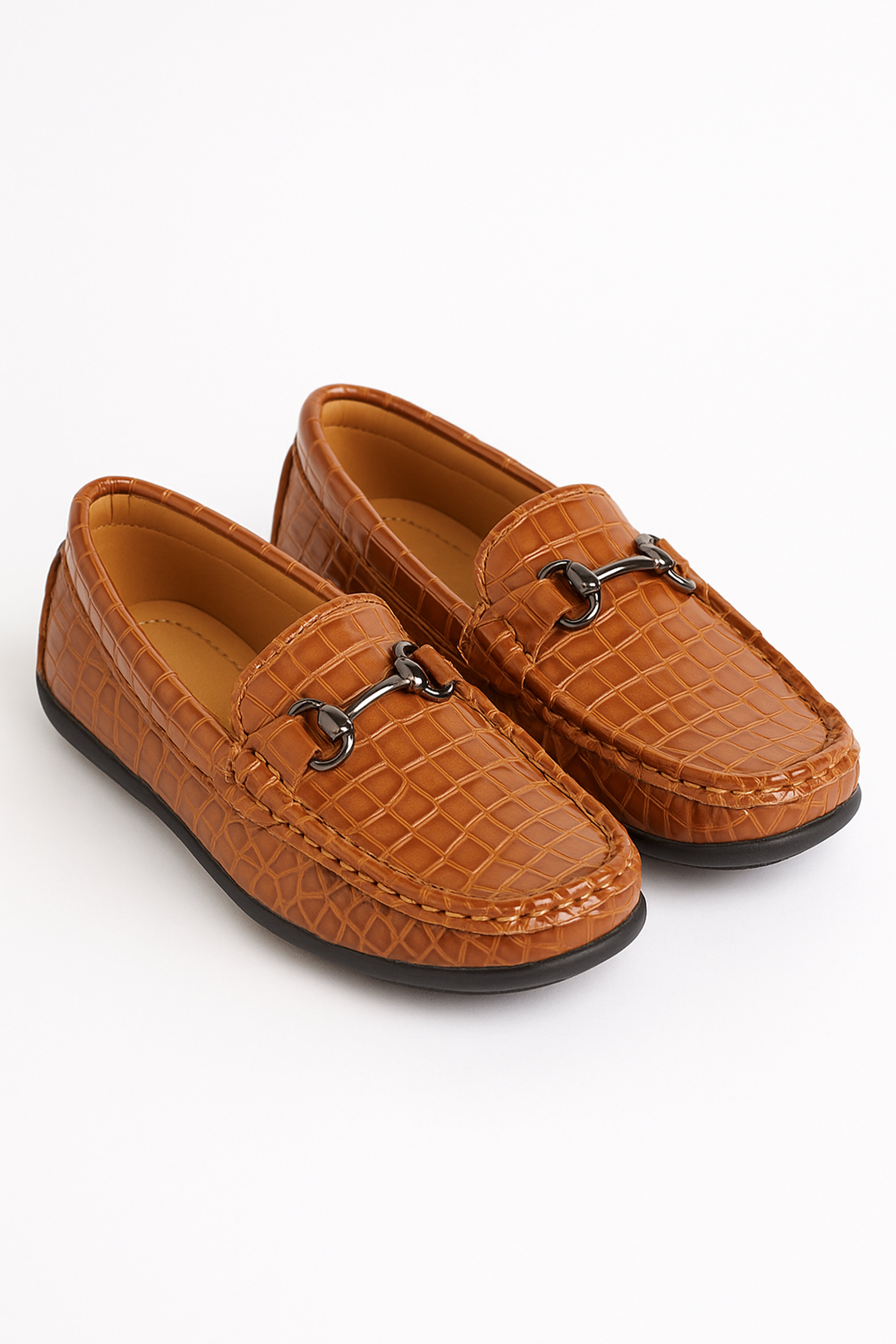 Boys Crocodile Slip on Patent Loafer Mocassin - ROBIN - Tan Brown Pair Side Picture