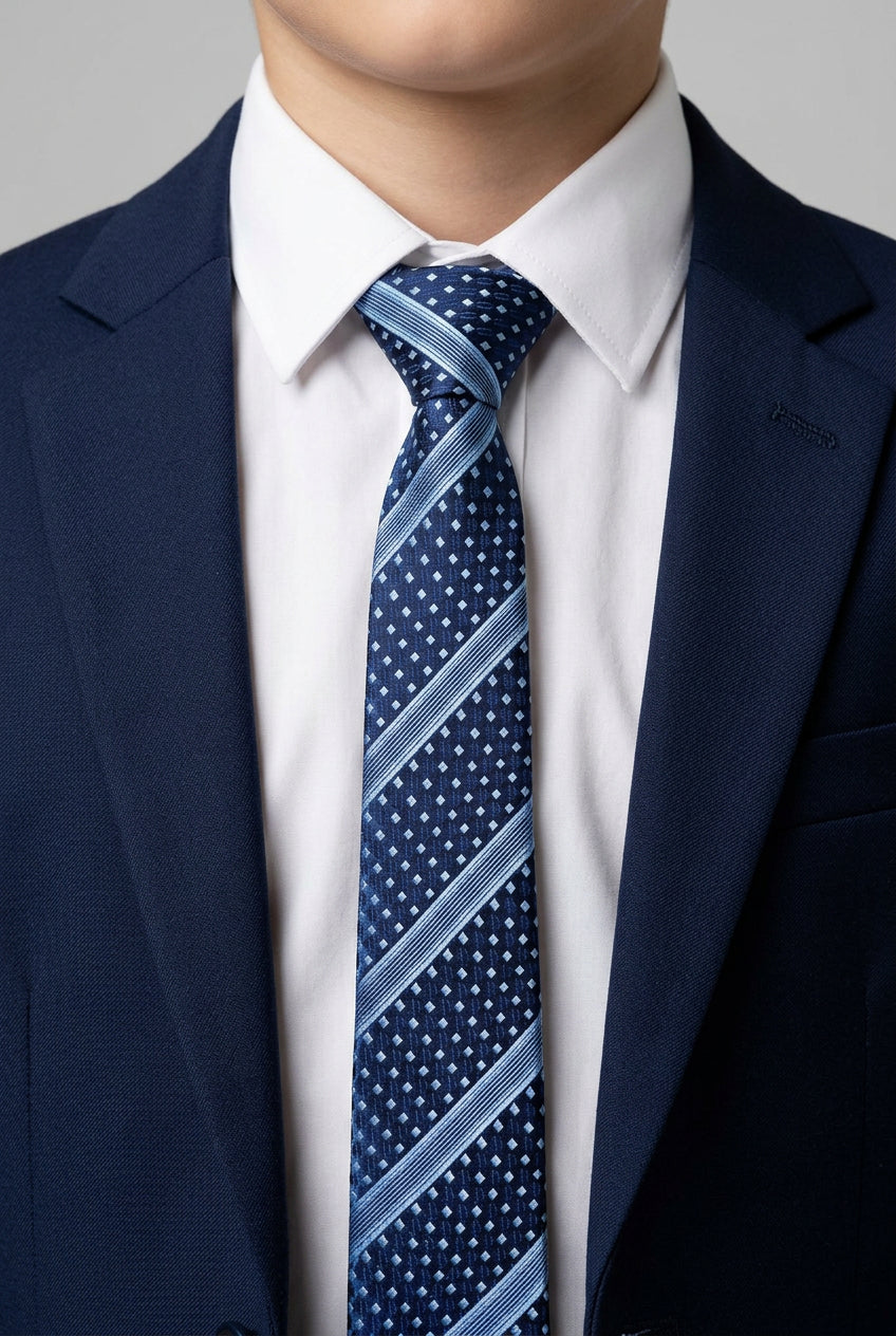 Cravatta sottile jacquard a righe diagonali per ragazzi - Navy e Blu