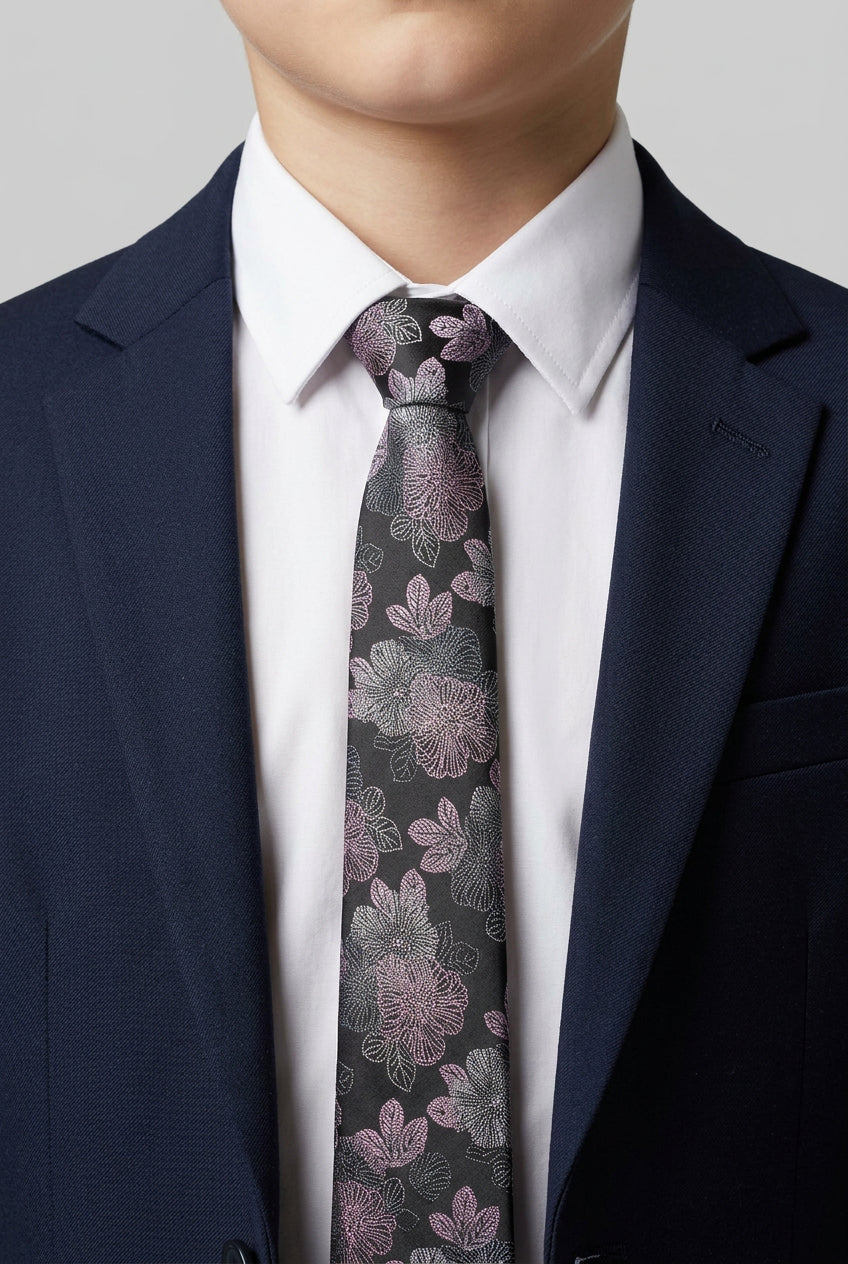 Cravate fine jacquard florale pour garçons - Noir