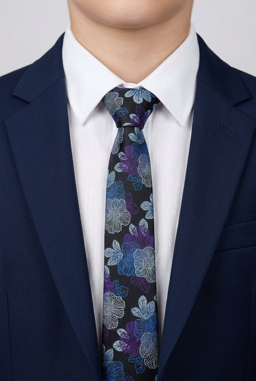 Corbata ajustada de jacquard floral para niños - Azul marino