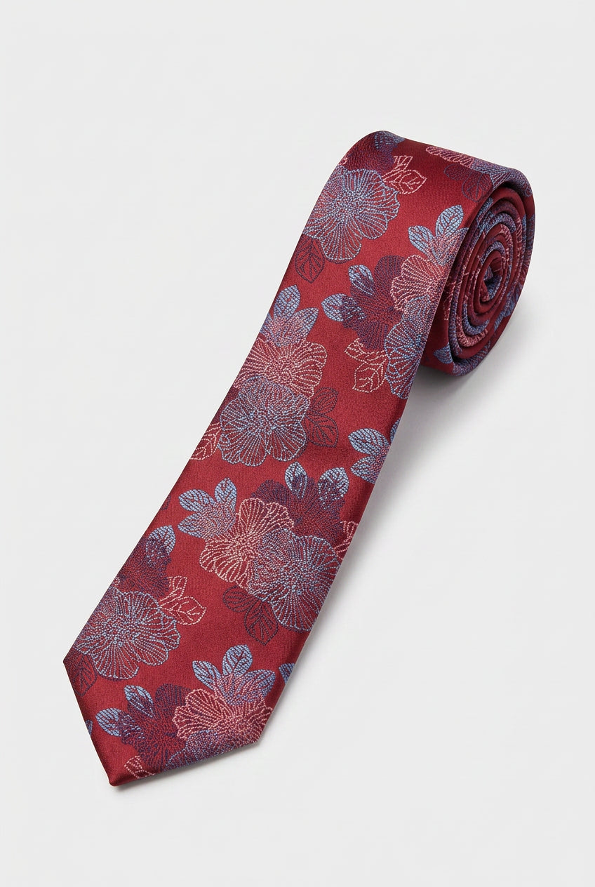 Boys Floral Jacquard Slim Tie - Red