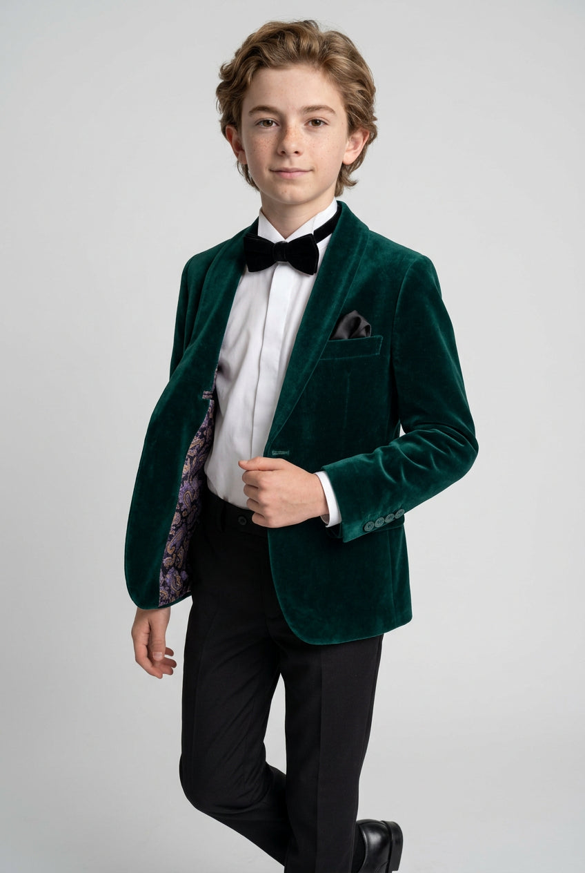 Boys Formal Velvet Blazer Jacket - Green Linning Picture