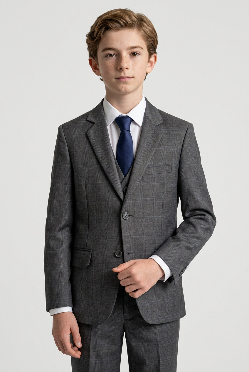 Boys Formal Wear Check Suit Wedding Windowpane 5 Piece Set in Dark Grey Model Picture