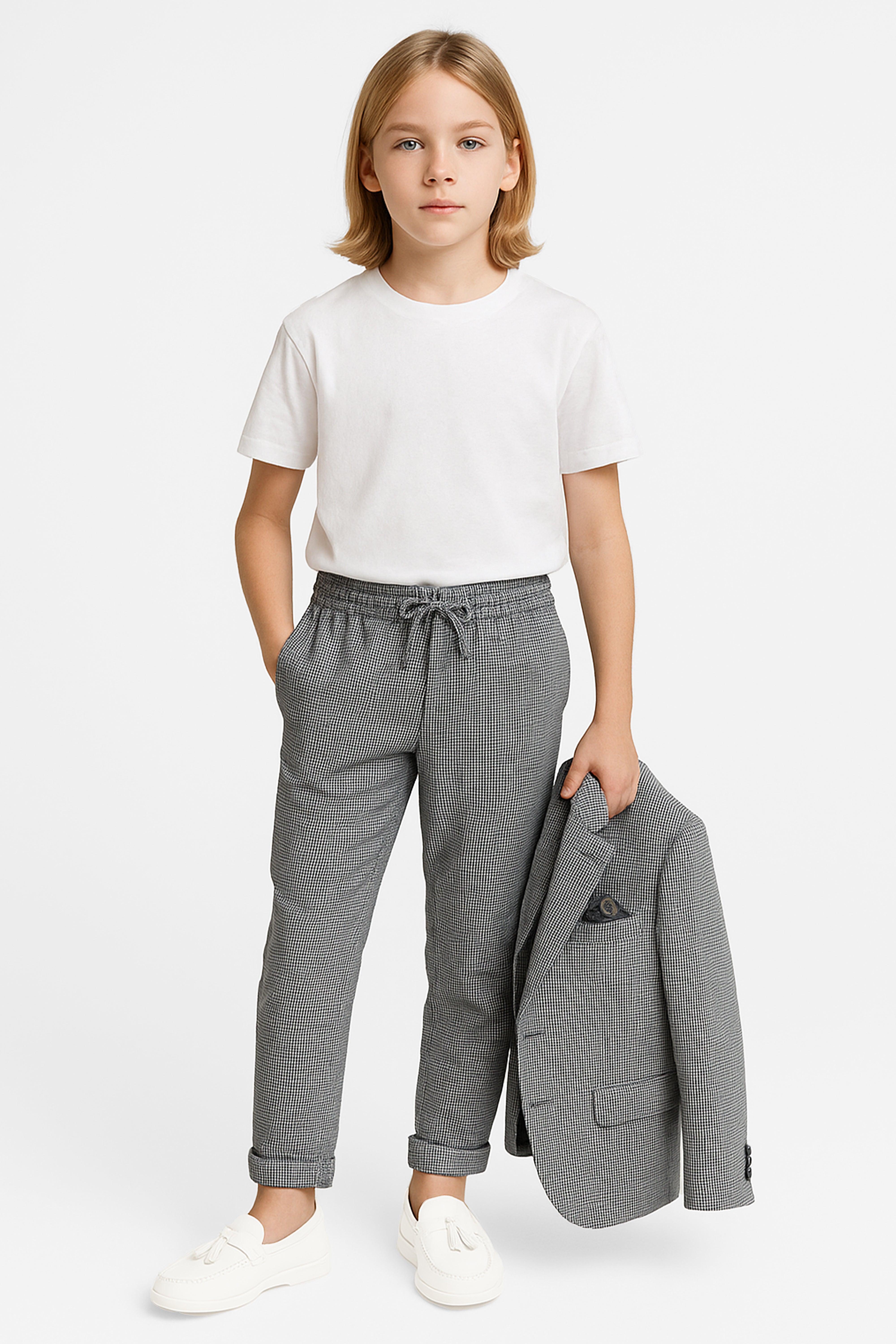 Boys Grey 2-Piece Mini Houndstooth Suit - ORME Modle Picture