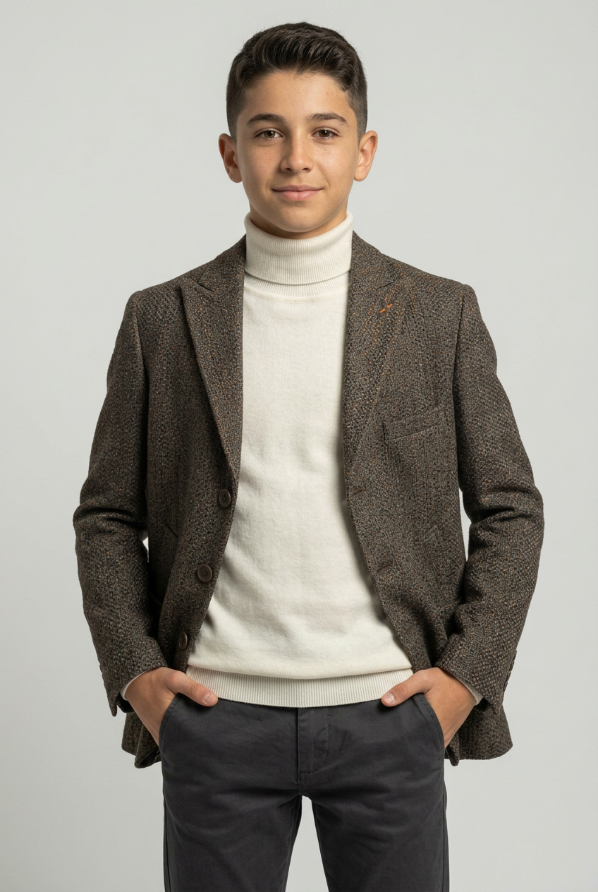 Blazer garçon en tweed texturé kaki