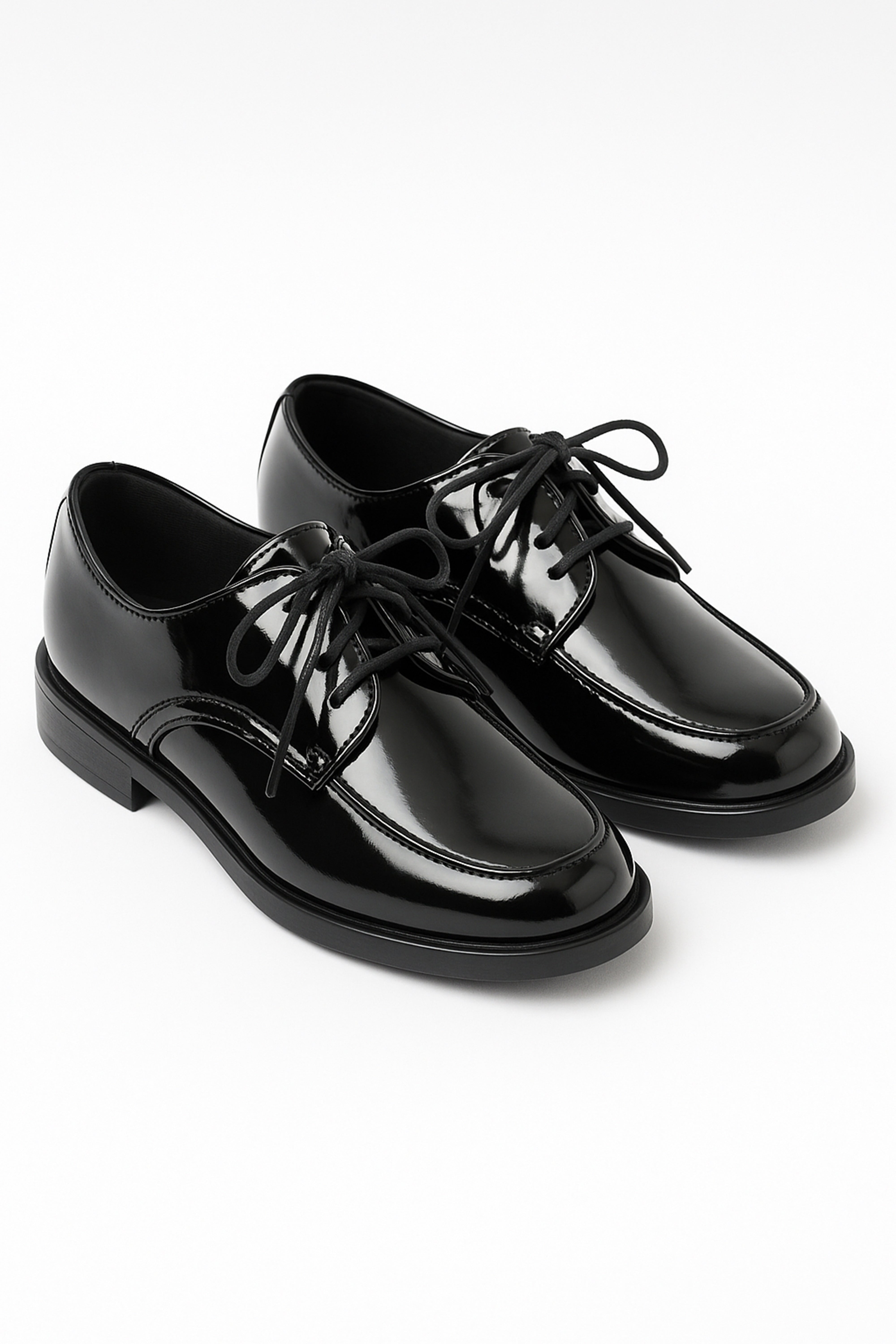 Boys Lace Up Patent Derby Shoes - Black Pair Side Picture