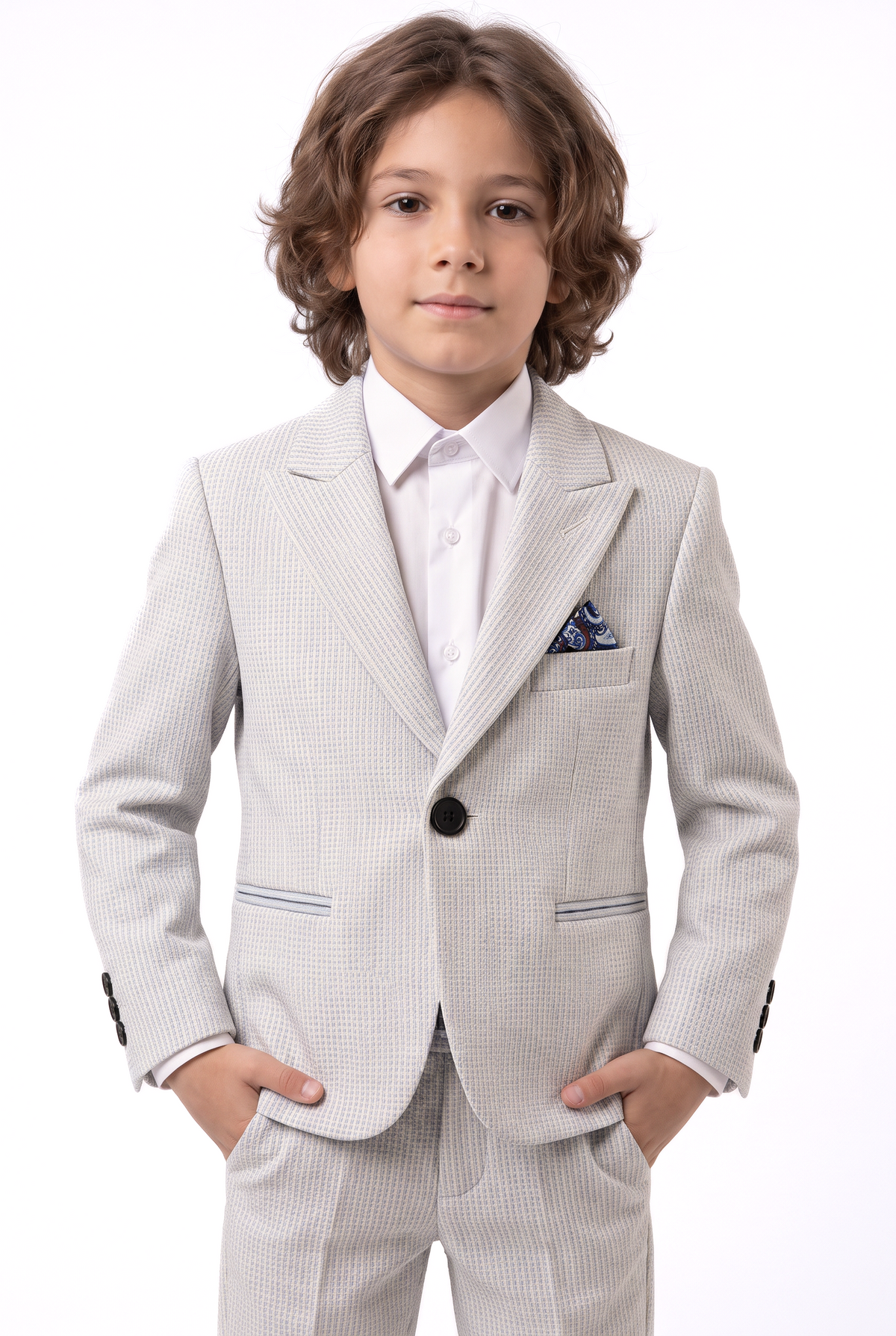 Boys Light Blue 2-Piece Mini Tweed Houndstooth Suit - ORME Model Picture