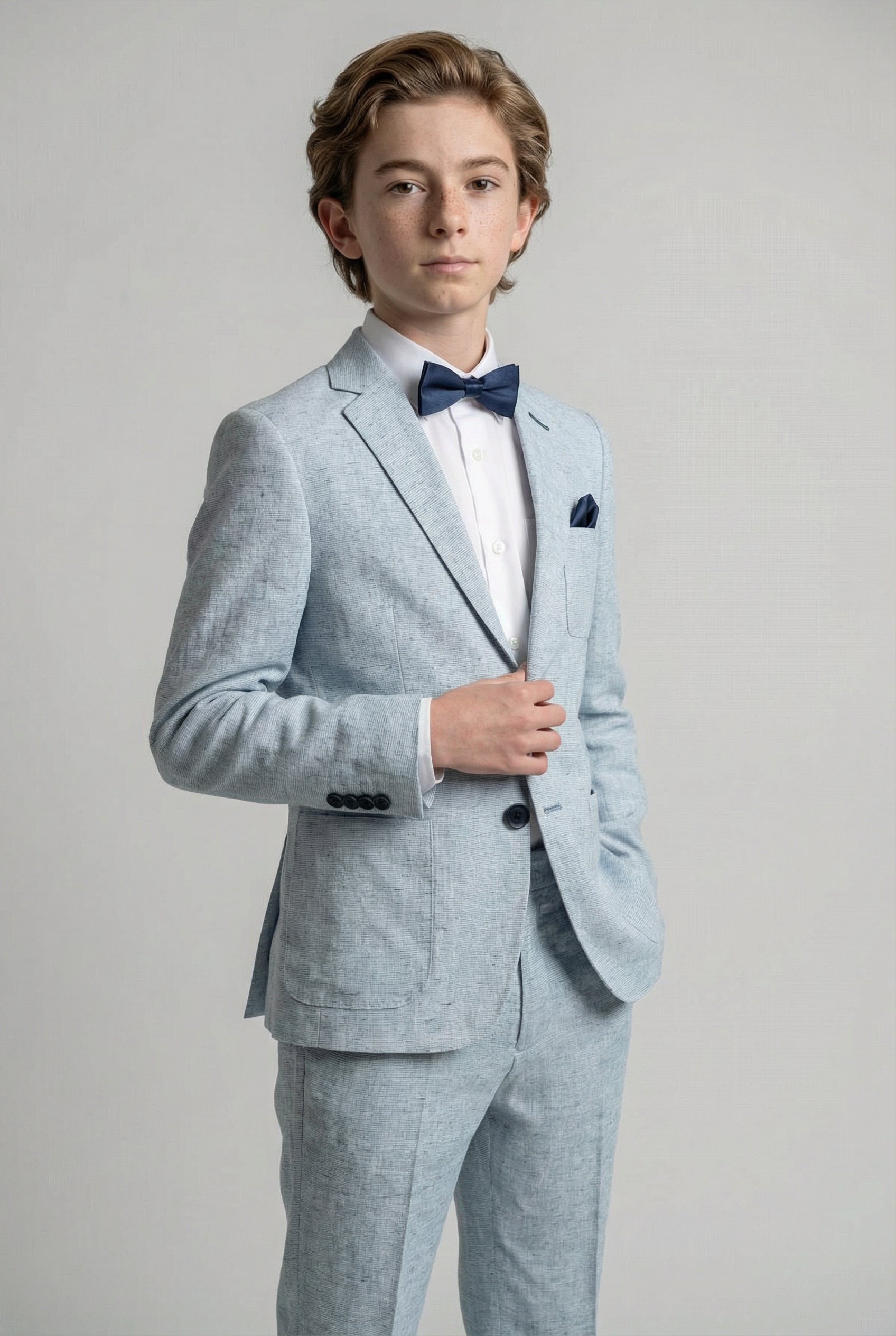 Boys Linen Suit with Elbow Patches - Pale Blue