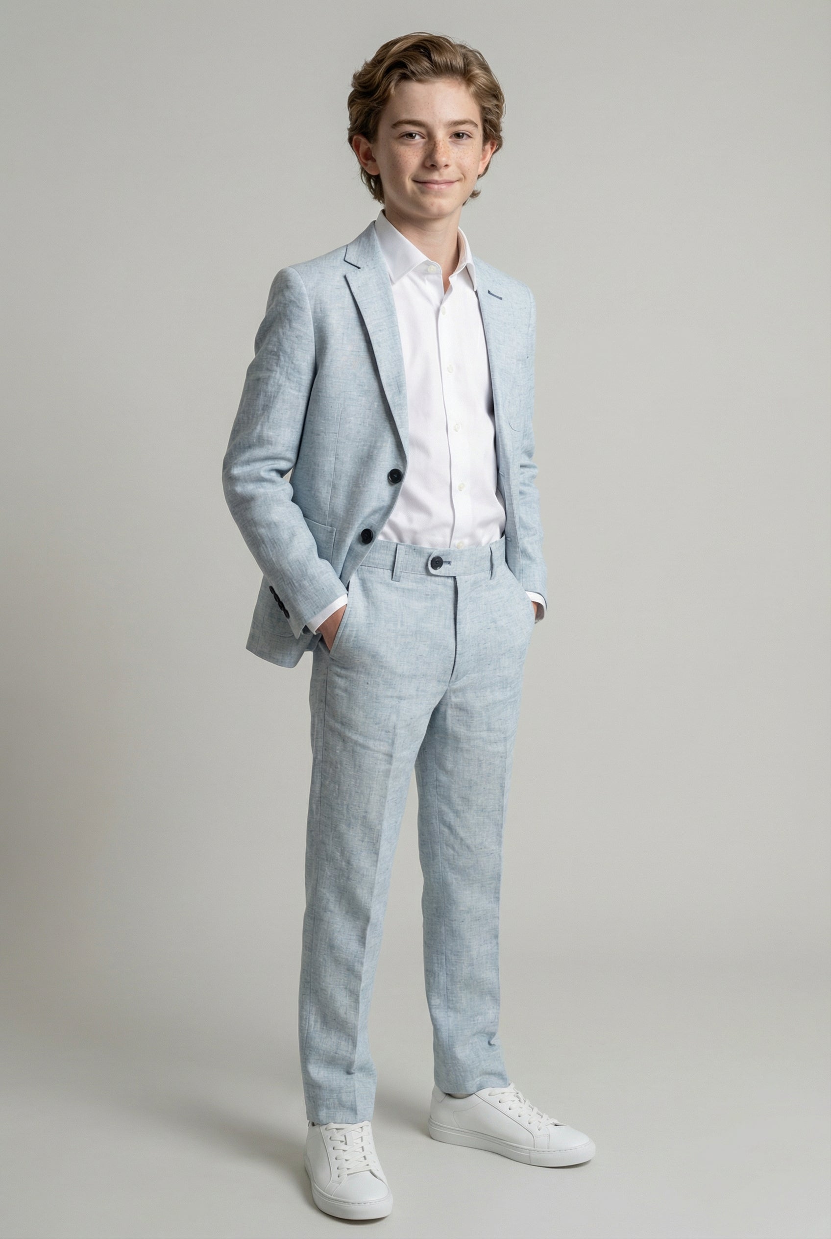 Boys Linen Suit with Elbow Patches - Pale Blue