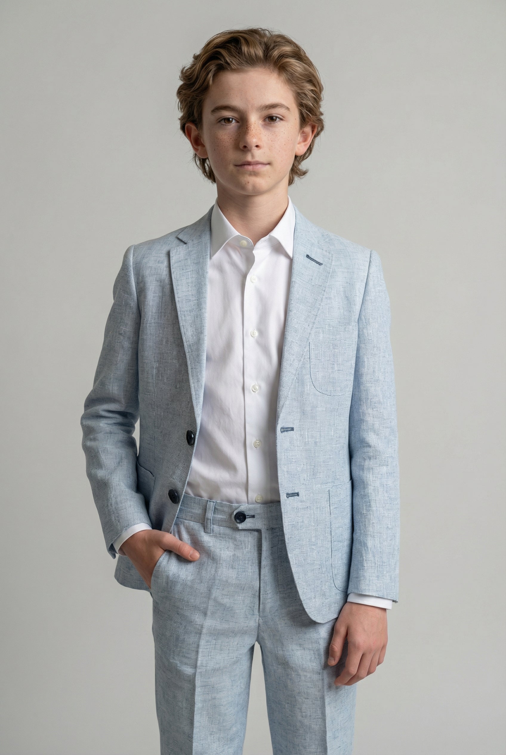 Boys Linen Suit with Elbow Patches - Pale Blue