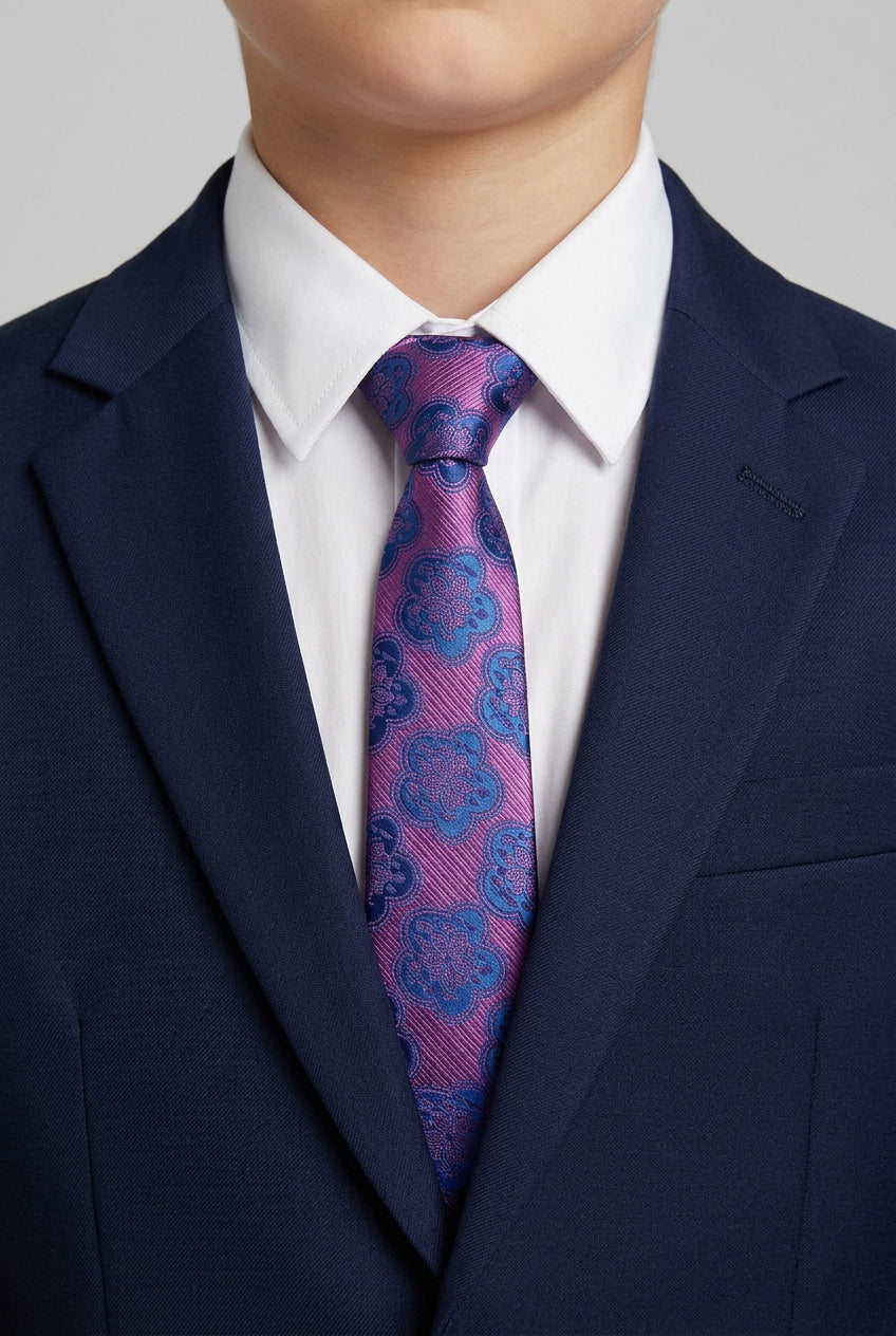 Boys Medallion Floral Jacquard Slim Tie - Purple & Navy