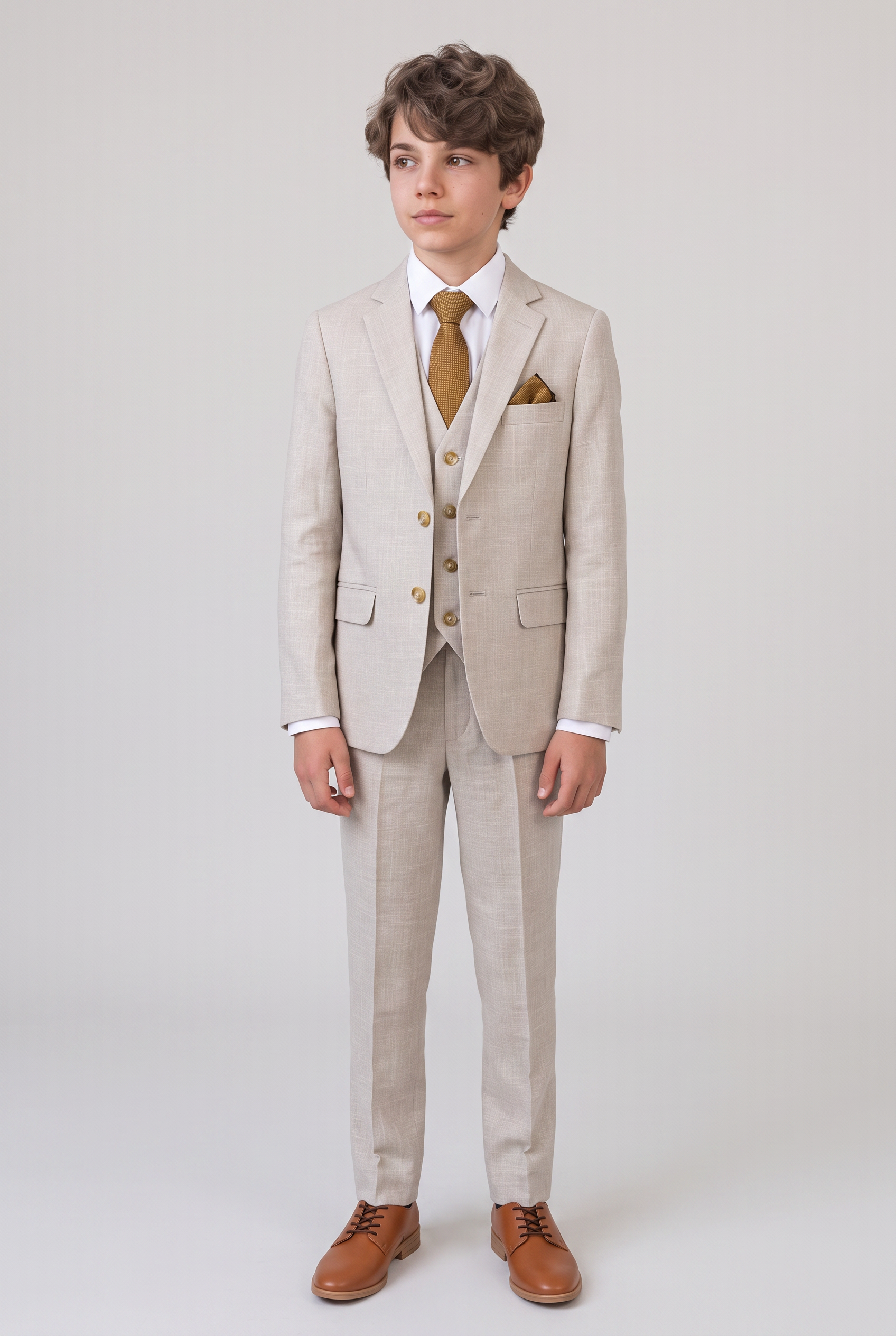 Front view of beige three-piece suit for boys