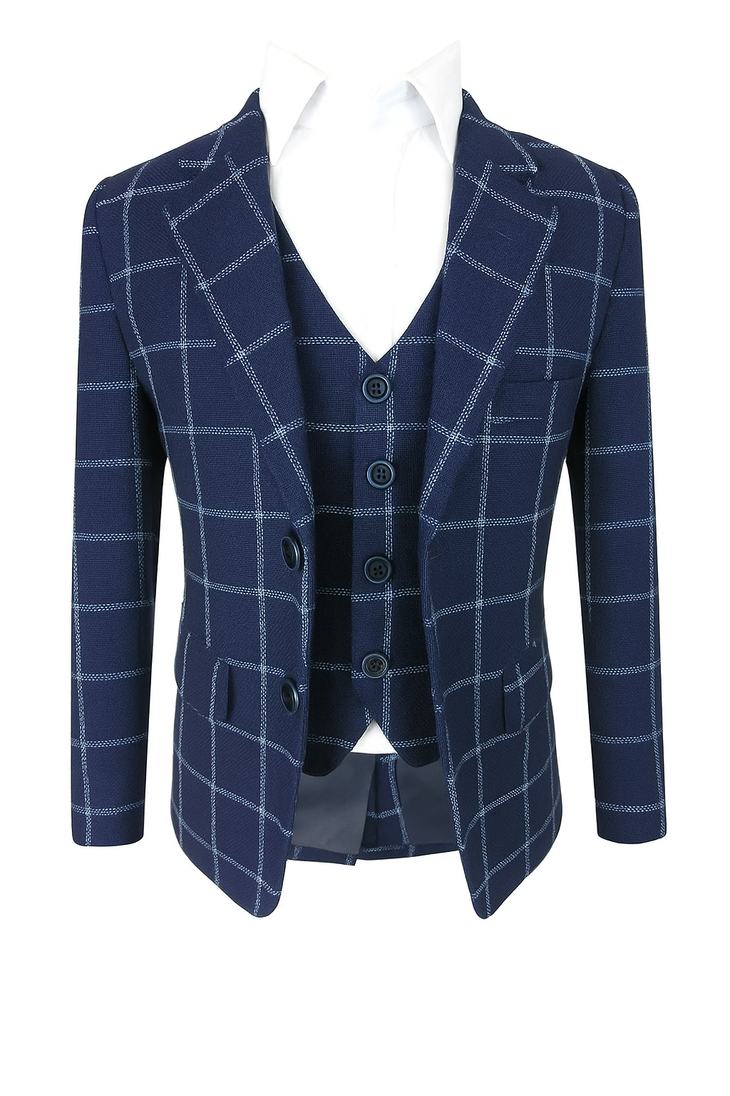 Ensemble blazer et gilet à carreaux bleu marine pour garçon – Costume formel 2 pièces