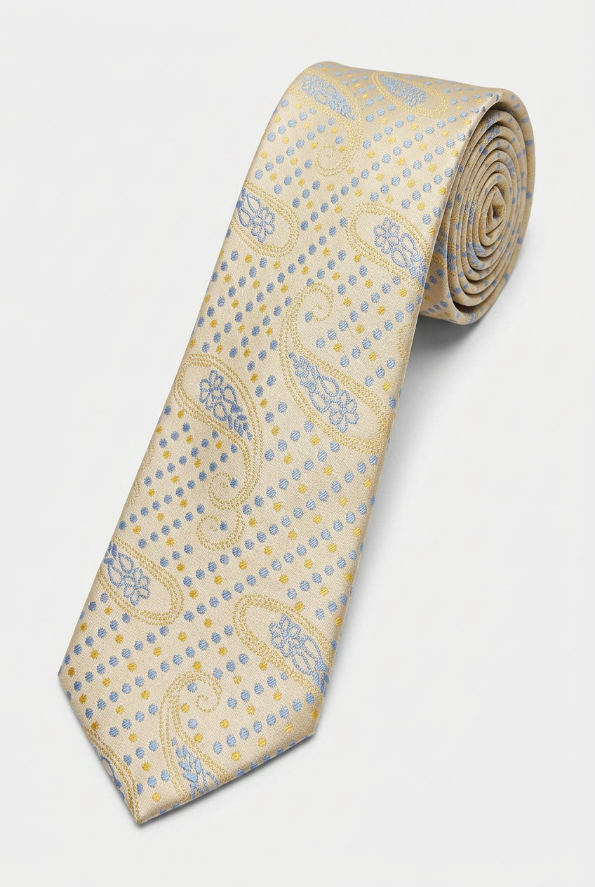 Corbata ajustada de jacquard con lunares y diseño paisley para niños - Amarillo y Azul