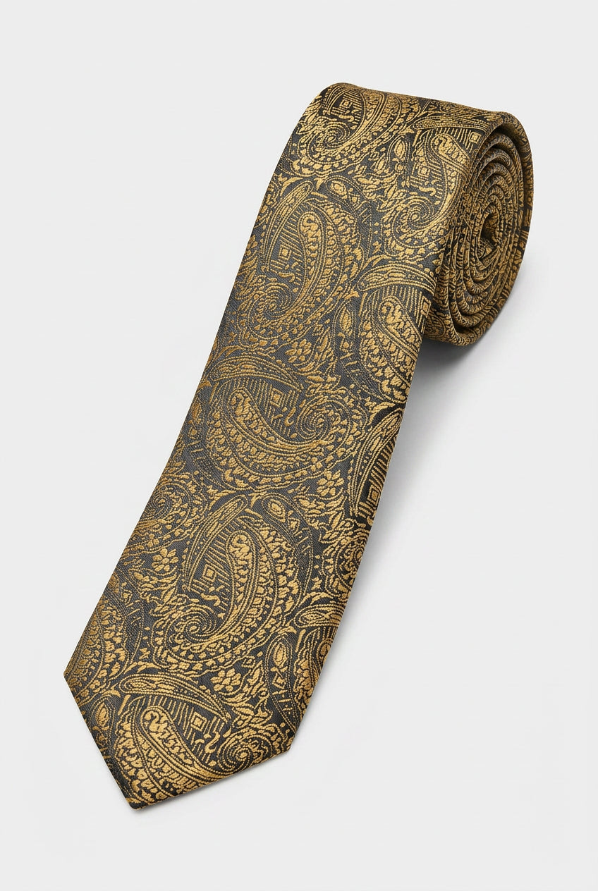 Jungen Paisley Jacquard Schlanke Krawatte – Gold
