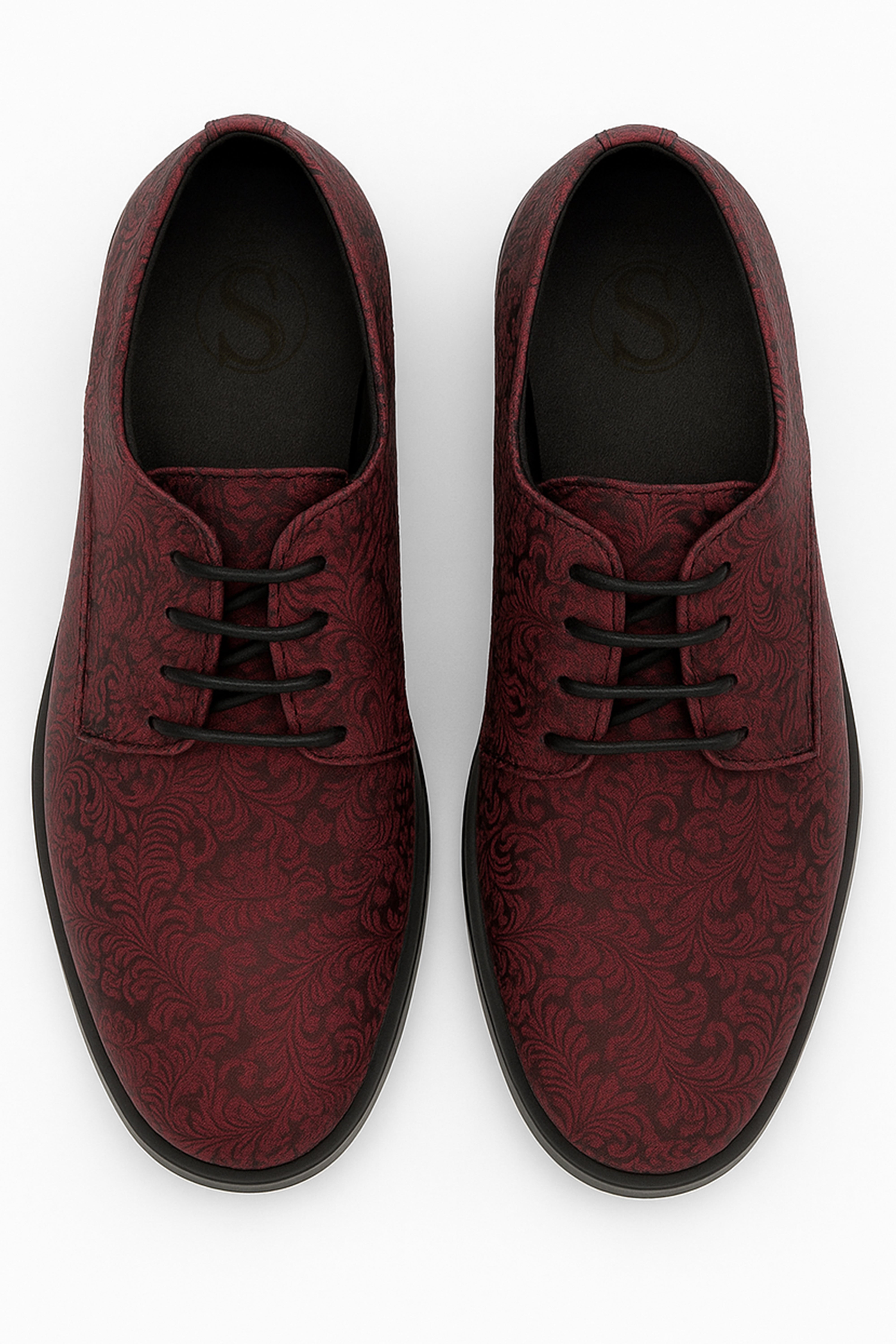 Boys Paisley Patterned Lace Up Derby Shoes - Burgundy - Black Front Picture
