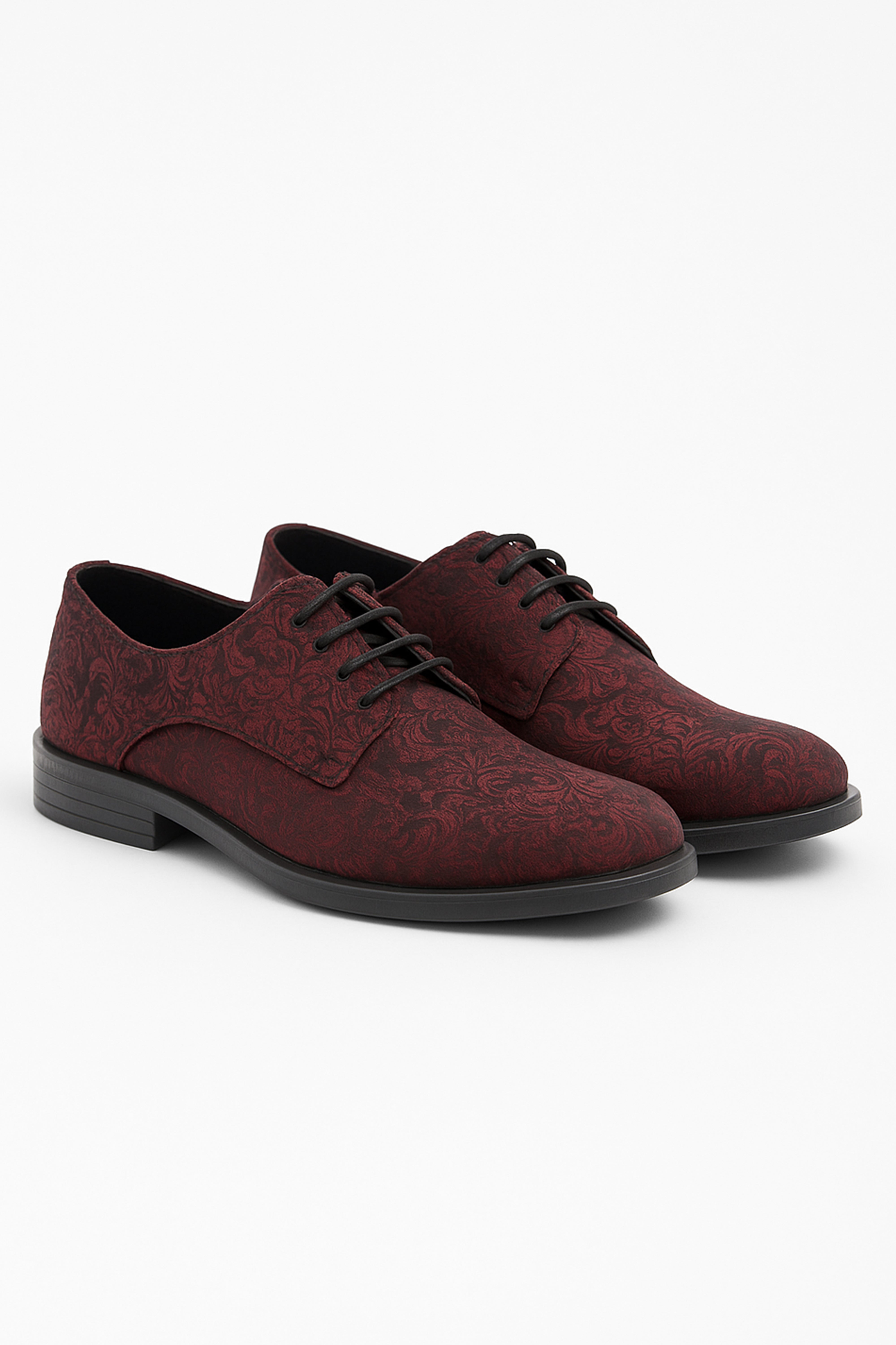 Boys Paisley Patterned Lace Up Derby Shoes - Burgundy - Black Pair Side Picture