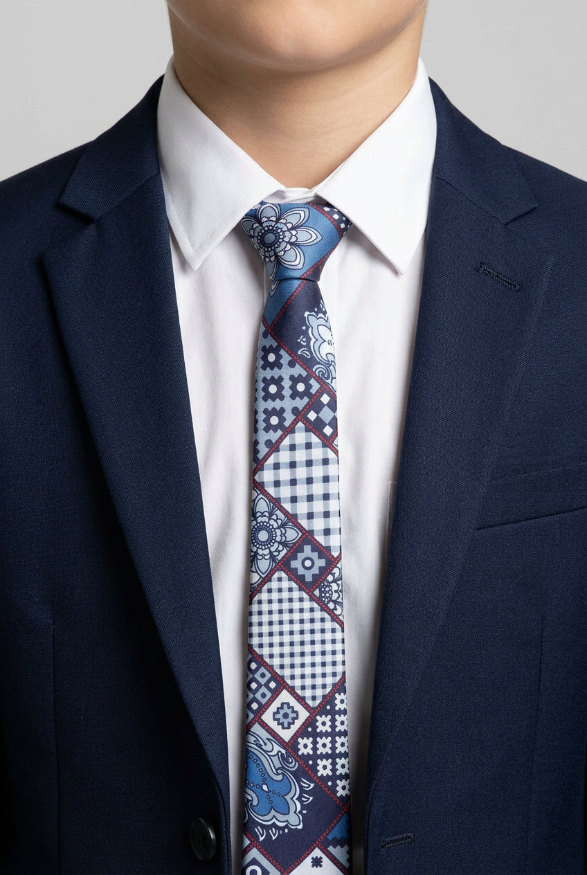 Cravate fine en jacquard patchwork pour garçons - Bleu marine