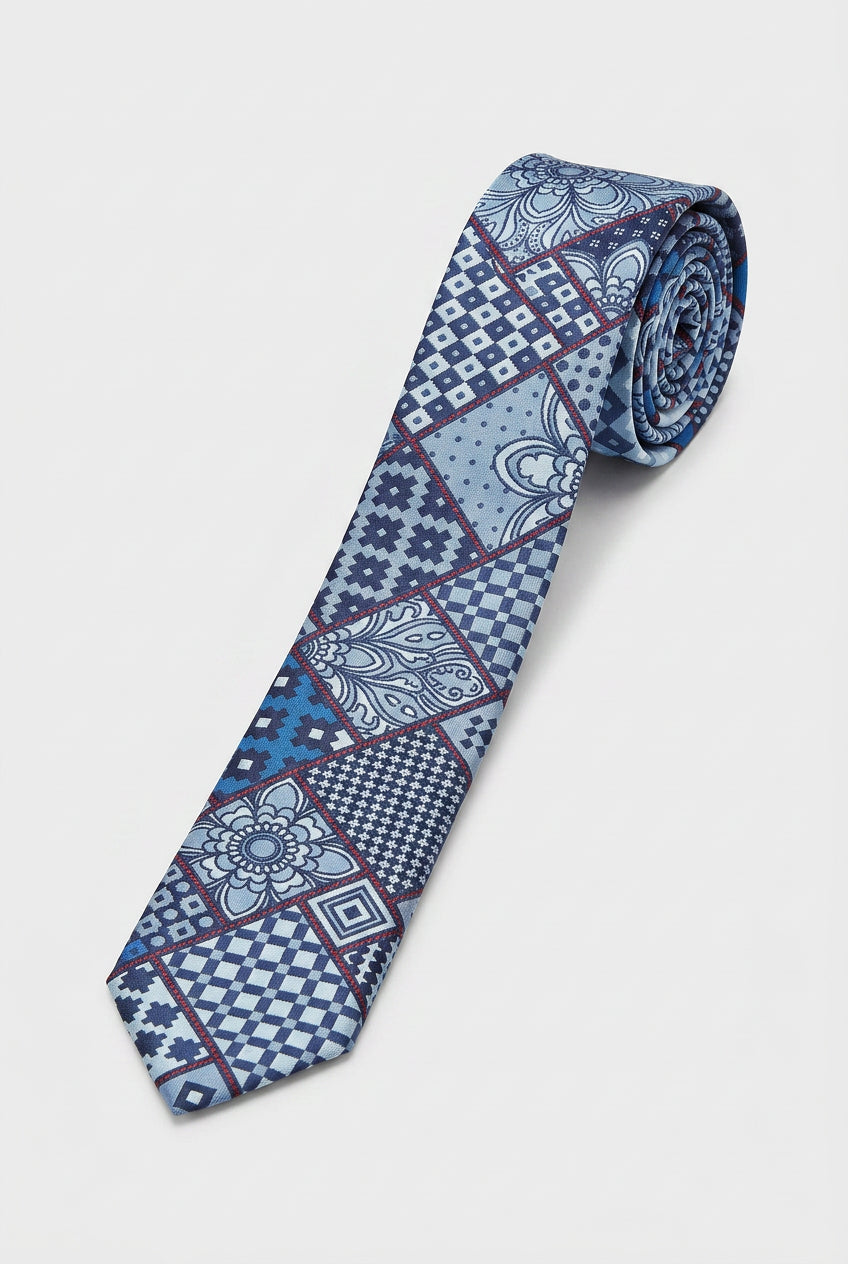 Cravate fine en jacquard patchwork pour garçons - Bleu marine