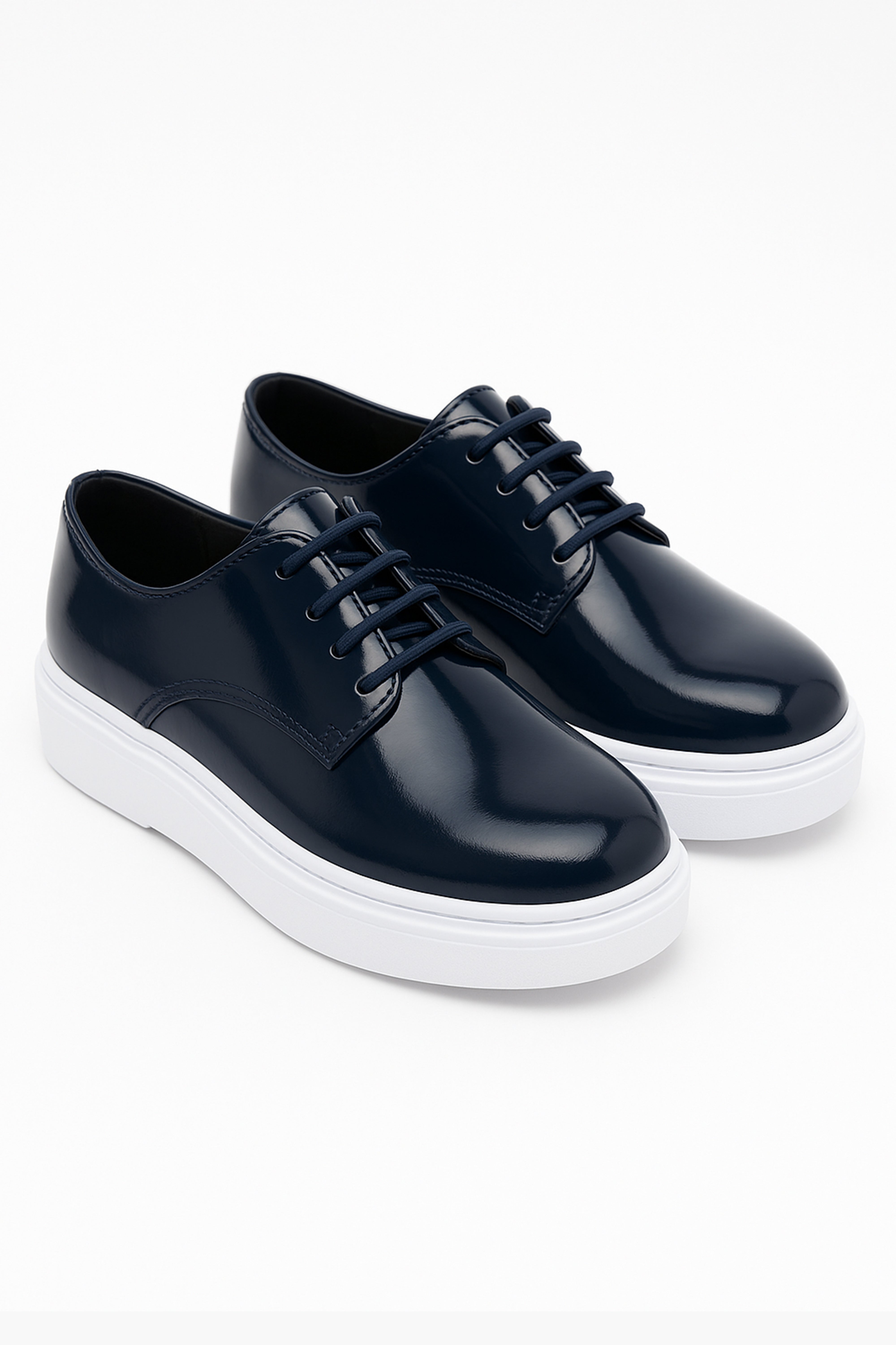 Boys Patent Black Lace-up Sneaker with White Thick Sole - Navy Pair Side Picture