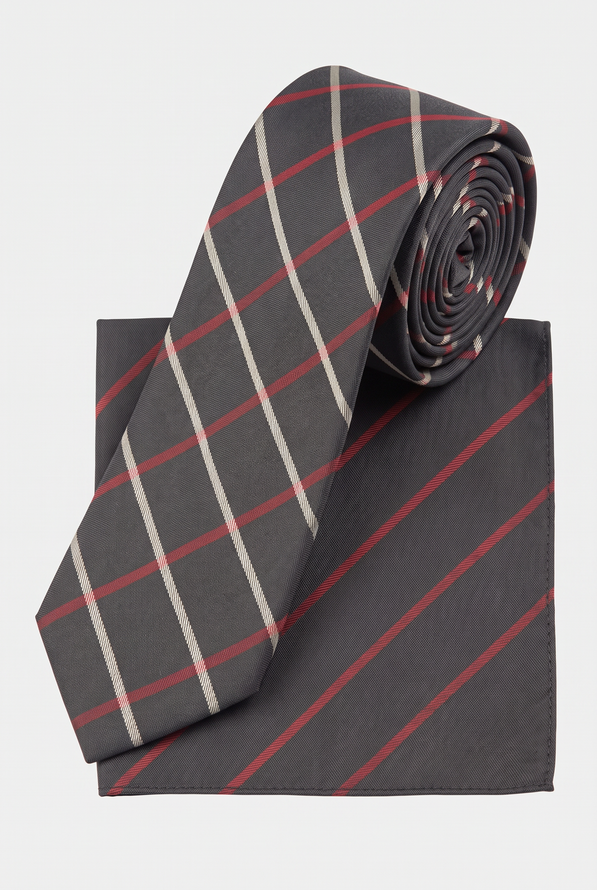 Boys Plaid Checkered Tie & Hankie Set Black- Red