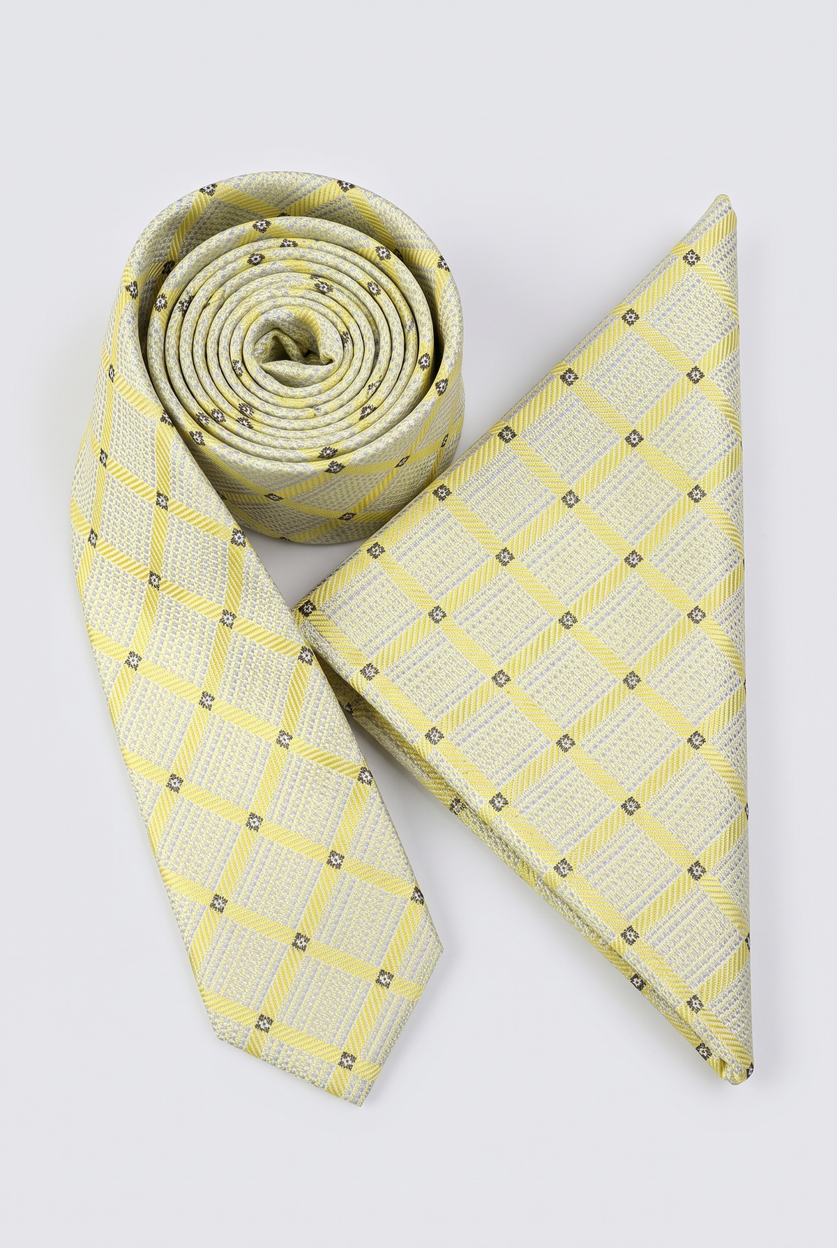 Ensemble cravate et mouchoir à carreaux pour garçon, crème et or