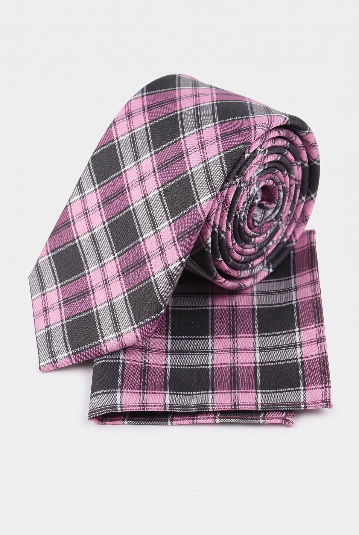 Boys Plaid Checkered Tie & Hankie Set Pink and Grey