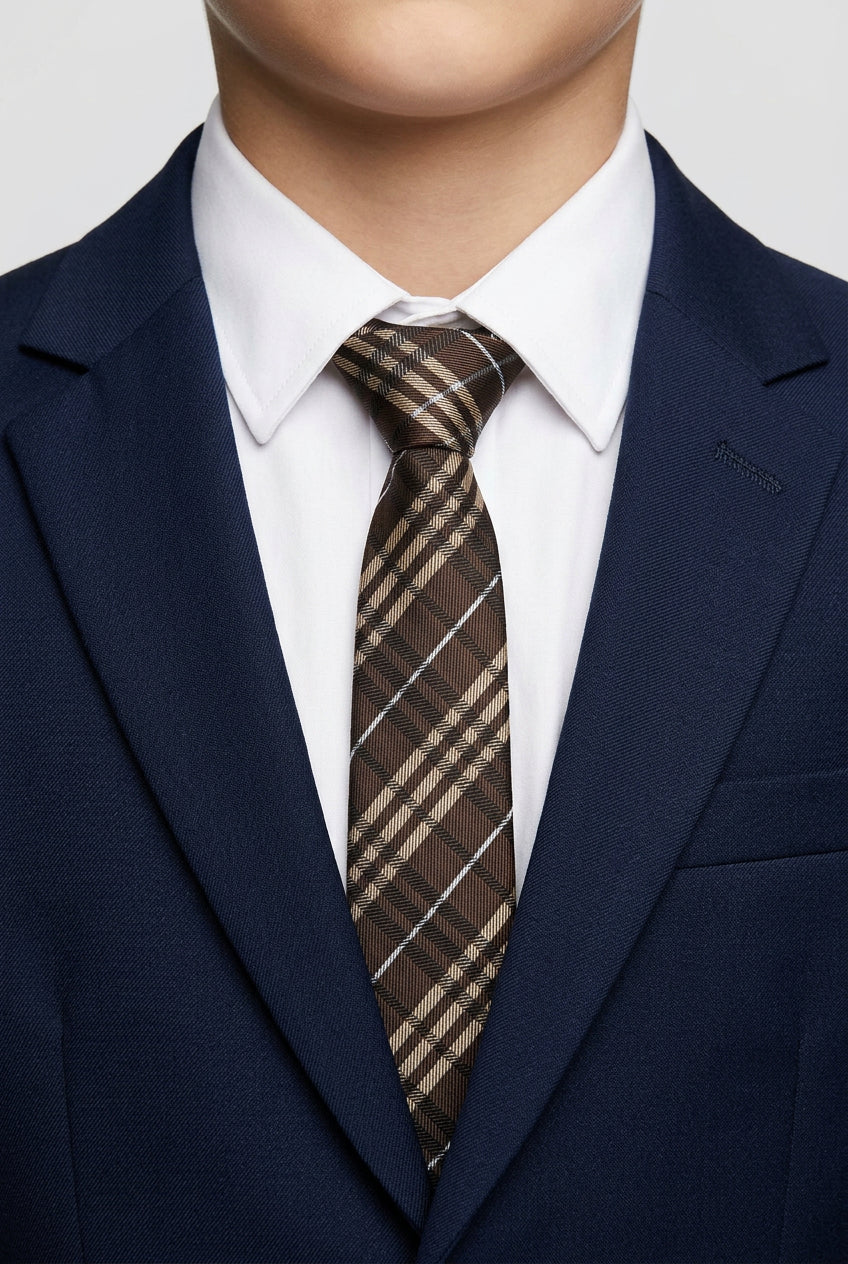 Cravatta sottile a quadri jacquard per ragazzi - Marrone