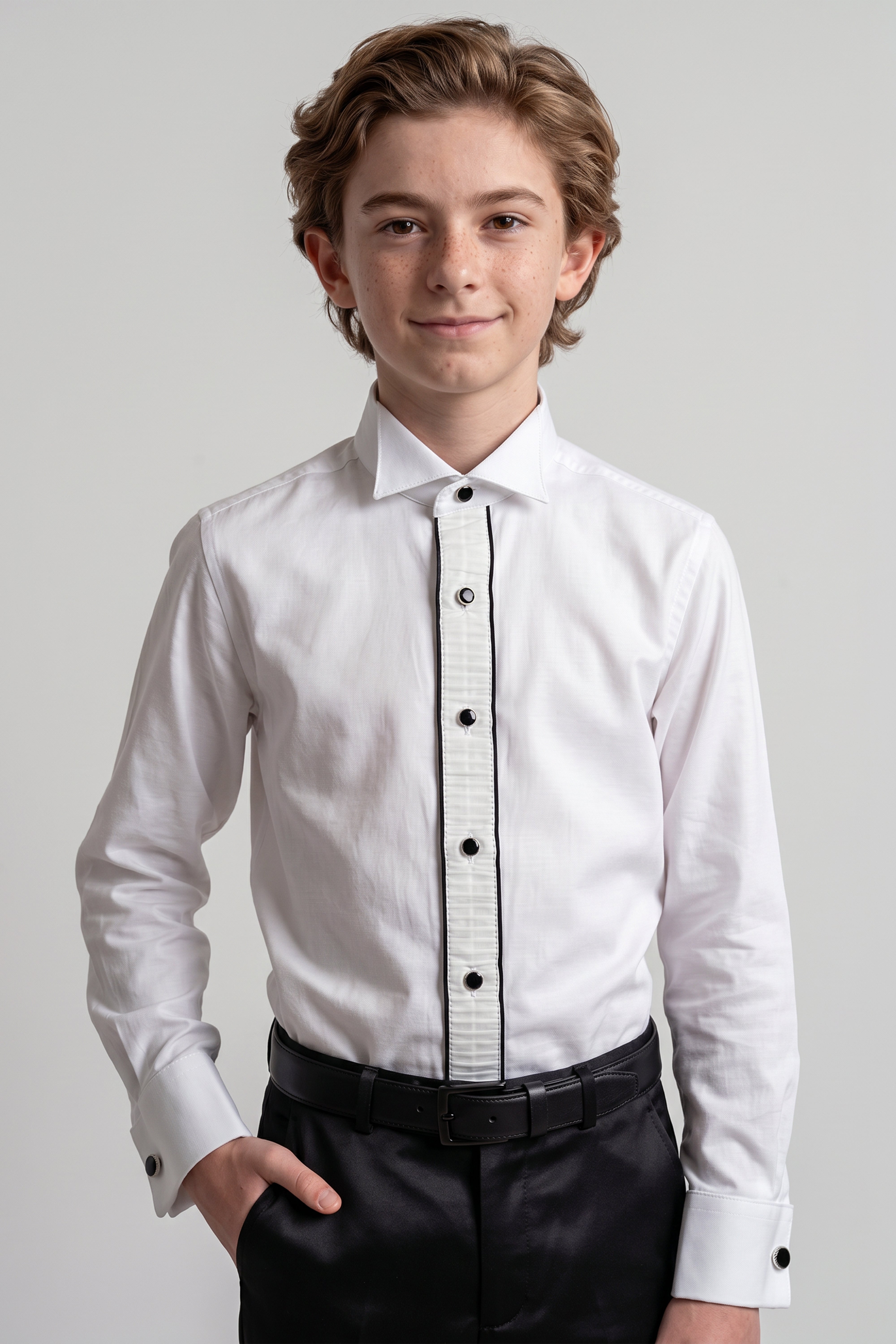 Boys Pleated Tuxedo Shirt with Cufflinks - White Model Picture
