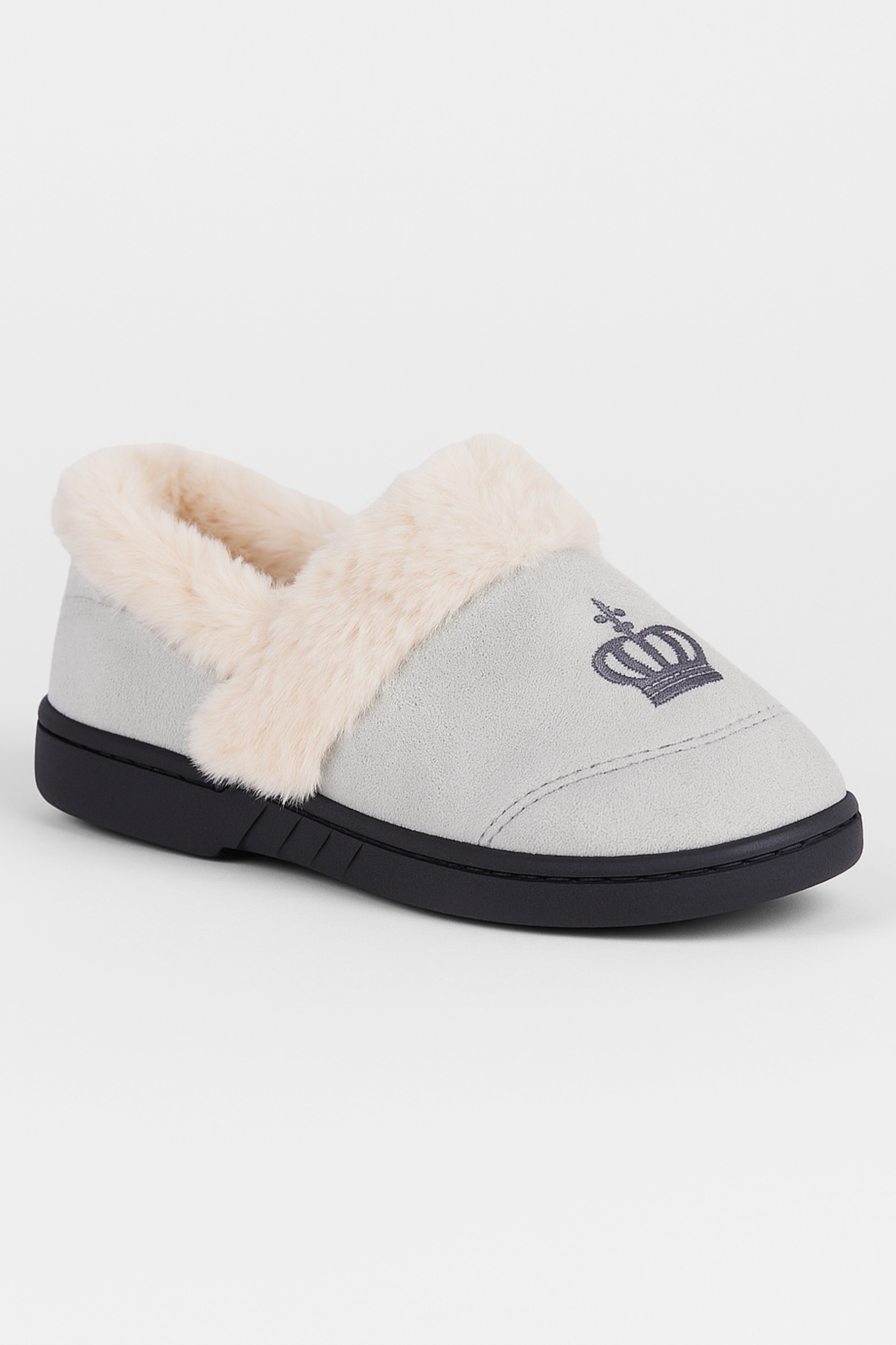 Boys Plush Comfortable Crown Slippers - Cream - Grey Side Picture