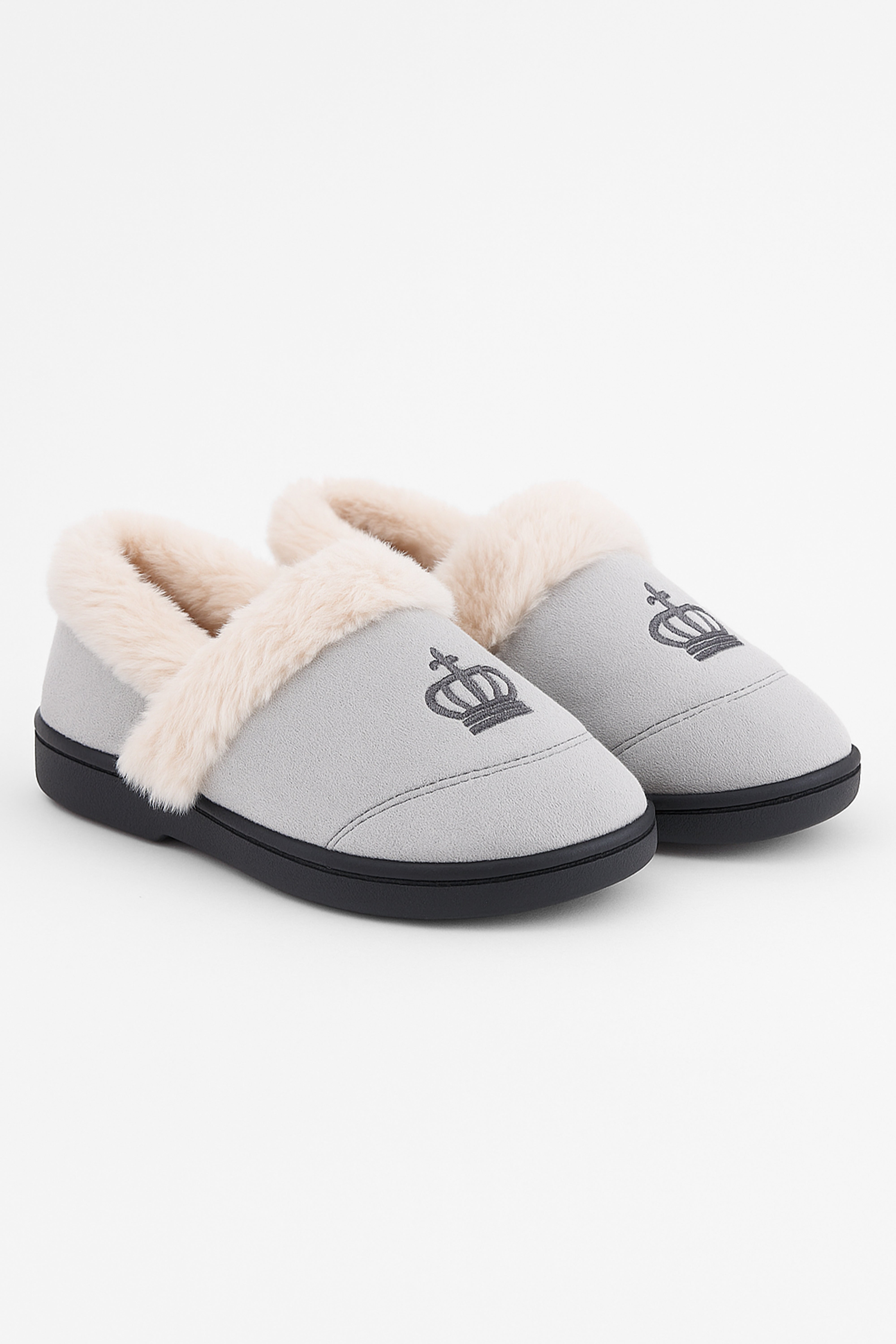 Boys Plush Comfortable Crown Slippers - Cream - Grey Pair Side Picture