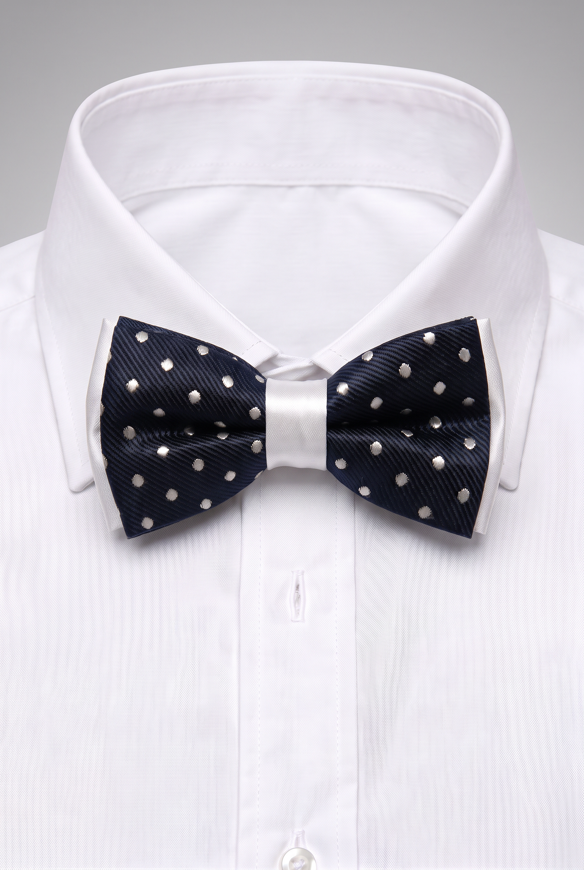 BoysPolkaDotBowTie-BWPDarkBlueandWhite_1 picture with shirt